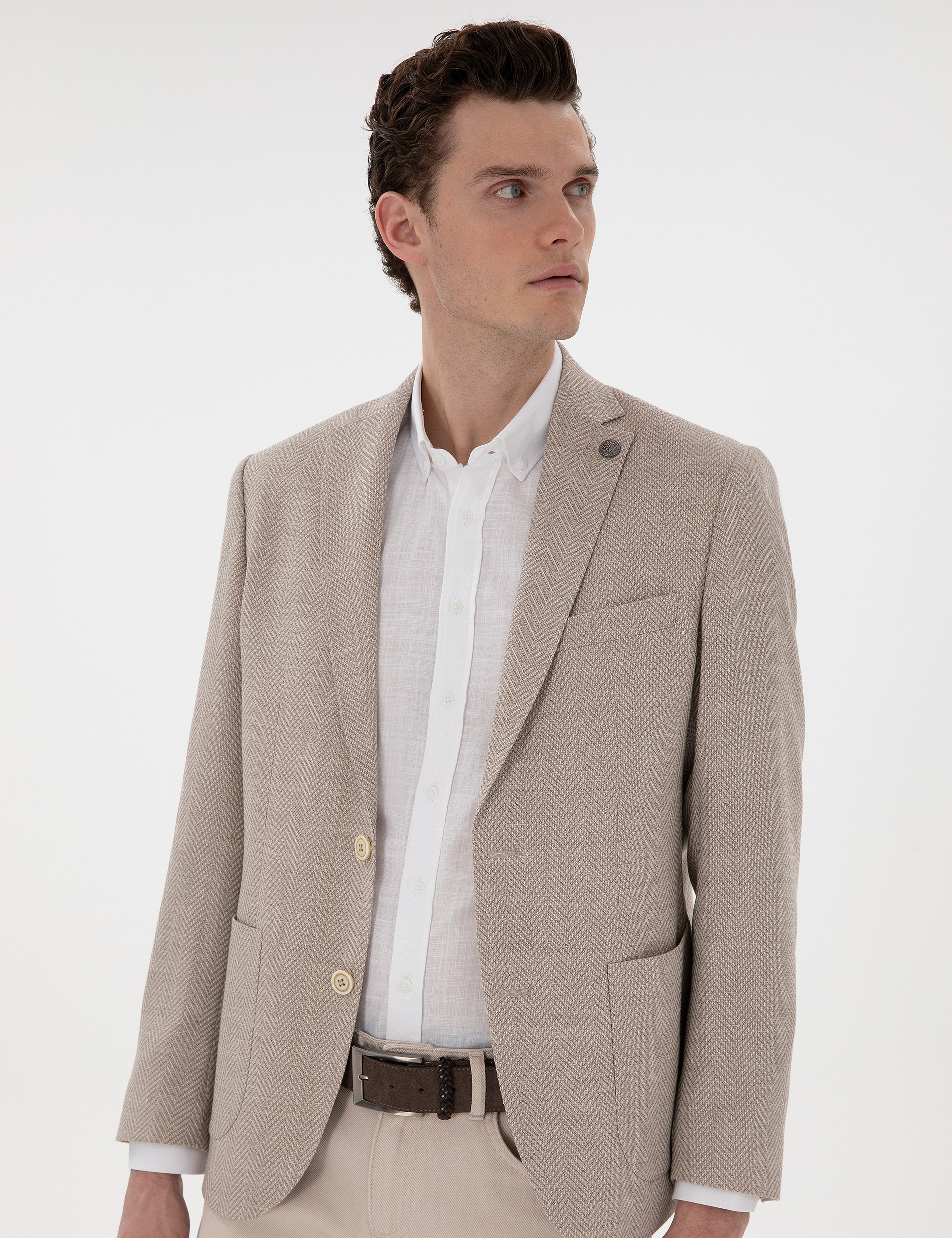 Bej Slim Fit Yün Keten Karışımlı Ceket