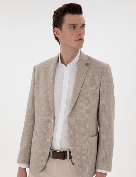 Bej Slim Fit Yün Keten Karışımlı Ceket - 50302234044