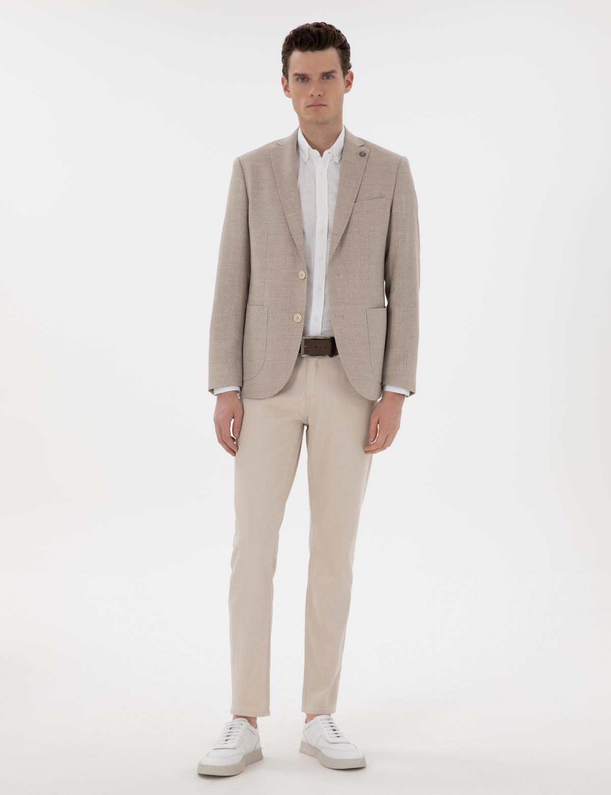 Bej Slim Fit Yün Keten Karışımlı Ceket - 50302234044