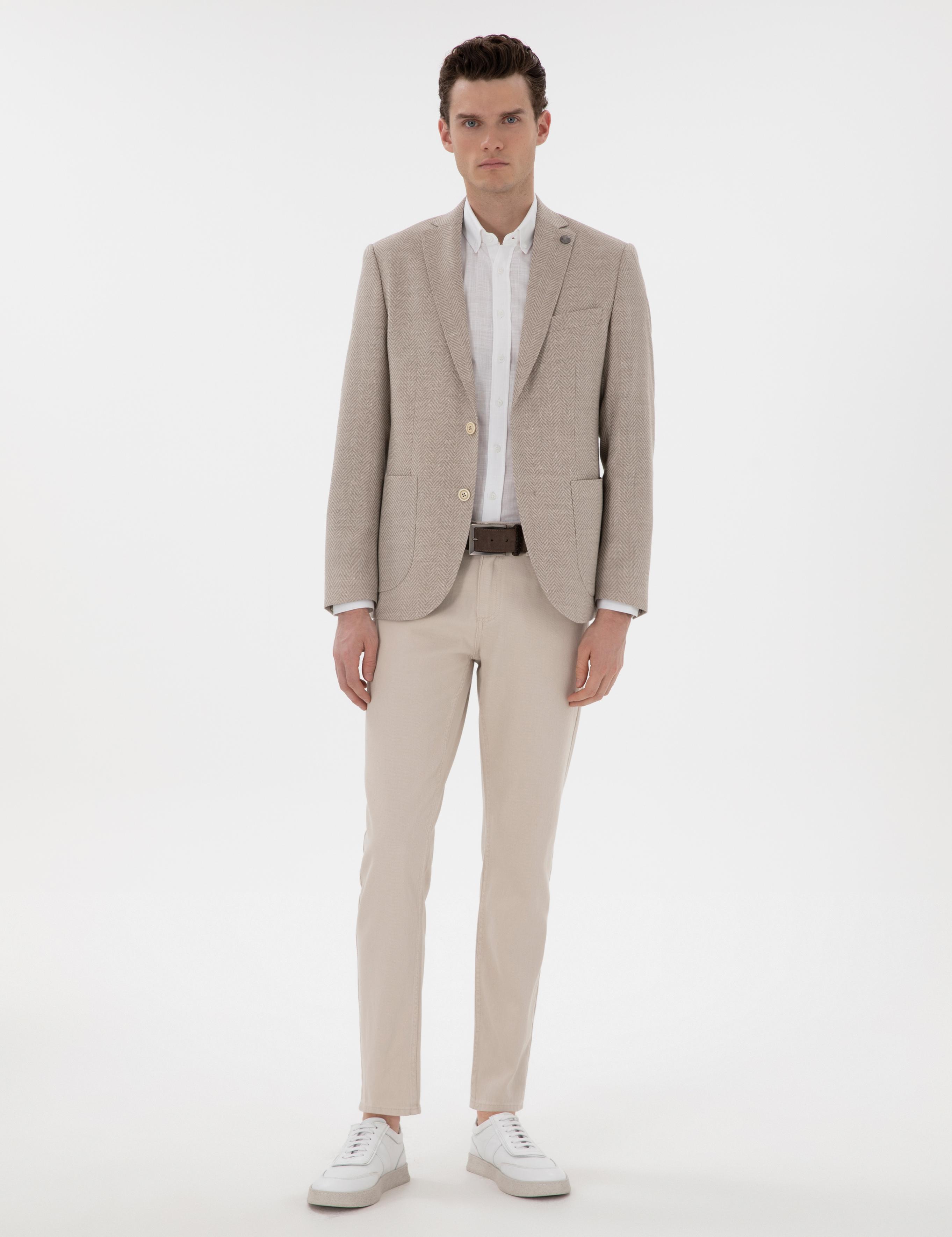 Bej Slim Fit Yün Keten Karışımlı Ceket