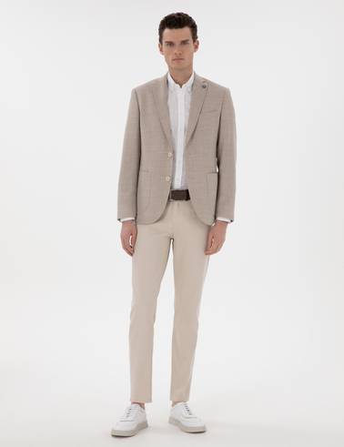 Bej Slim Fit Yün Keten Karışımlı Ceket