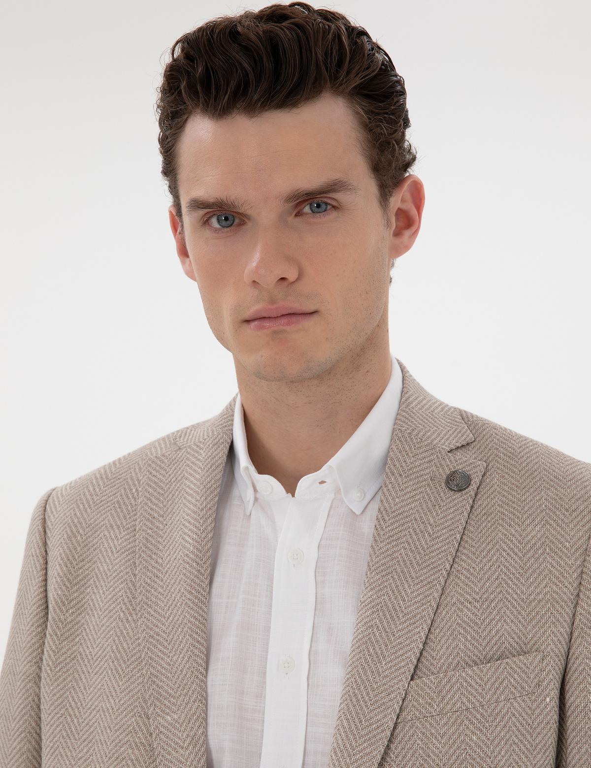 Bej Slim Fit Yün Keten Karışımlı Ceket - 50302234044