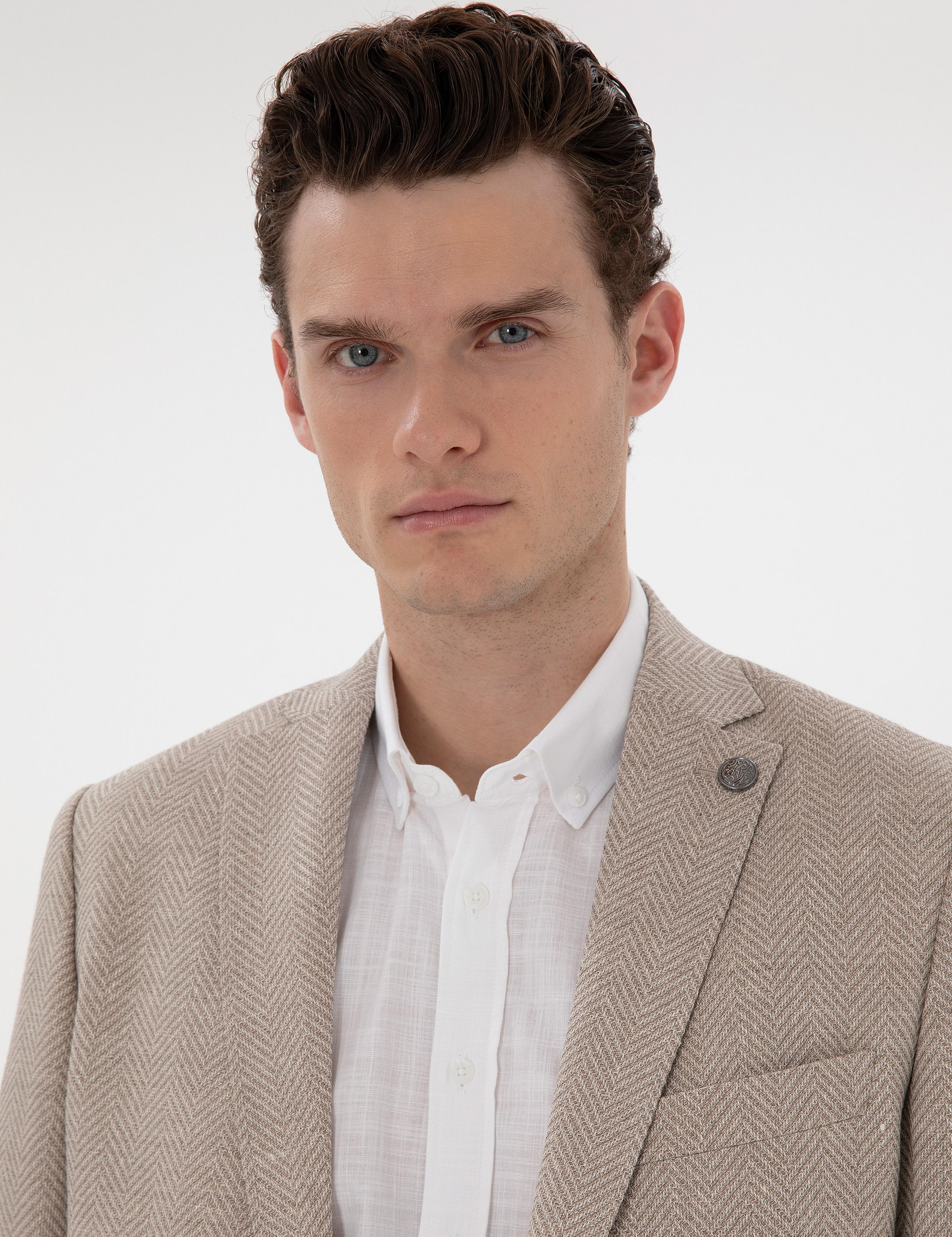 Bej Slim Fit Yün Keten Karışımlı Ceket