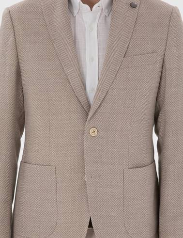 Bej Slim Fit Yün Keten Karışımlı Ceket