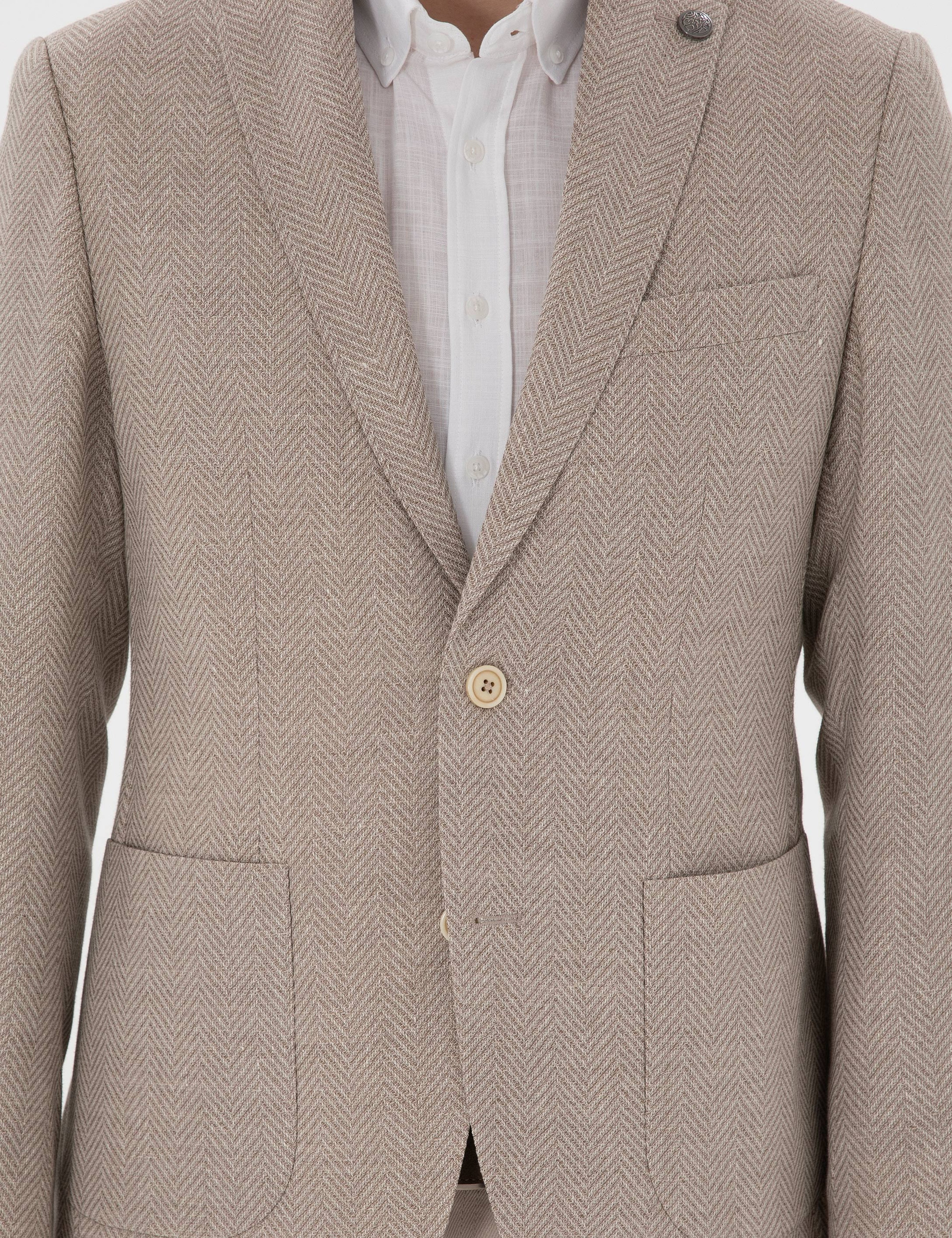 Bej Slim Fit Yün Keten Karışımlı Ceket