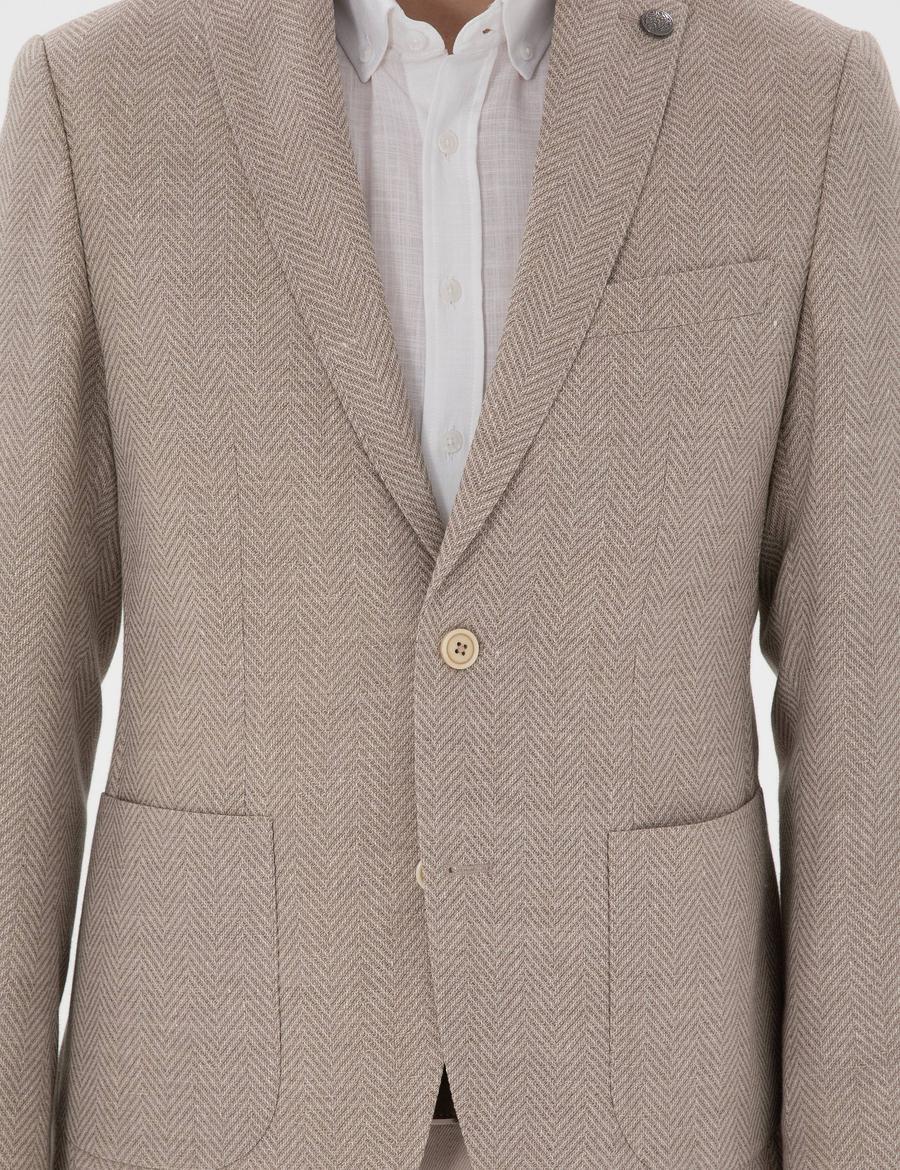 Bej Slim Fit Yün Keten Karışımlı Ceket