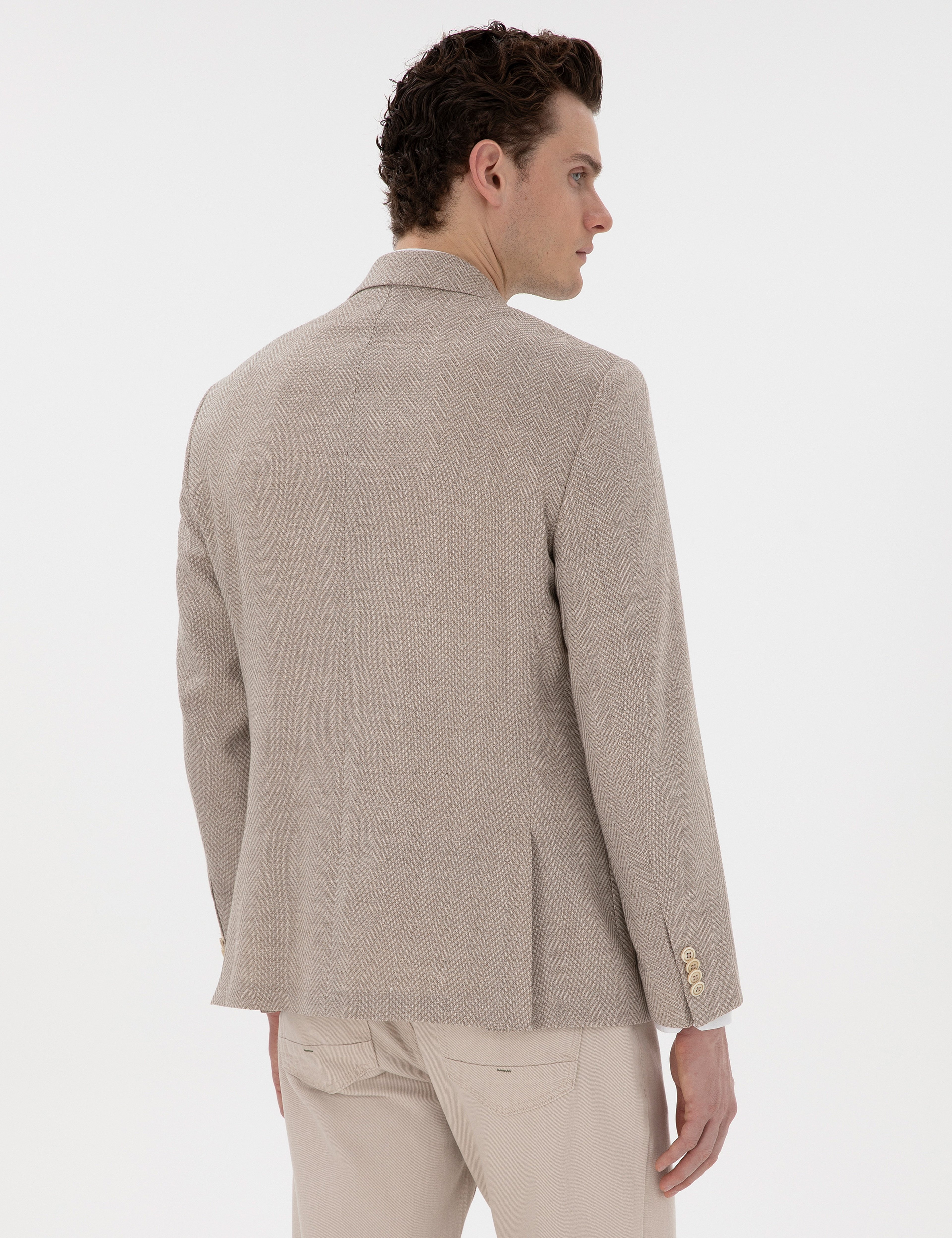 Bej Slim Fit Yün Keten Karışımlı Ceket