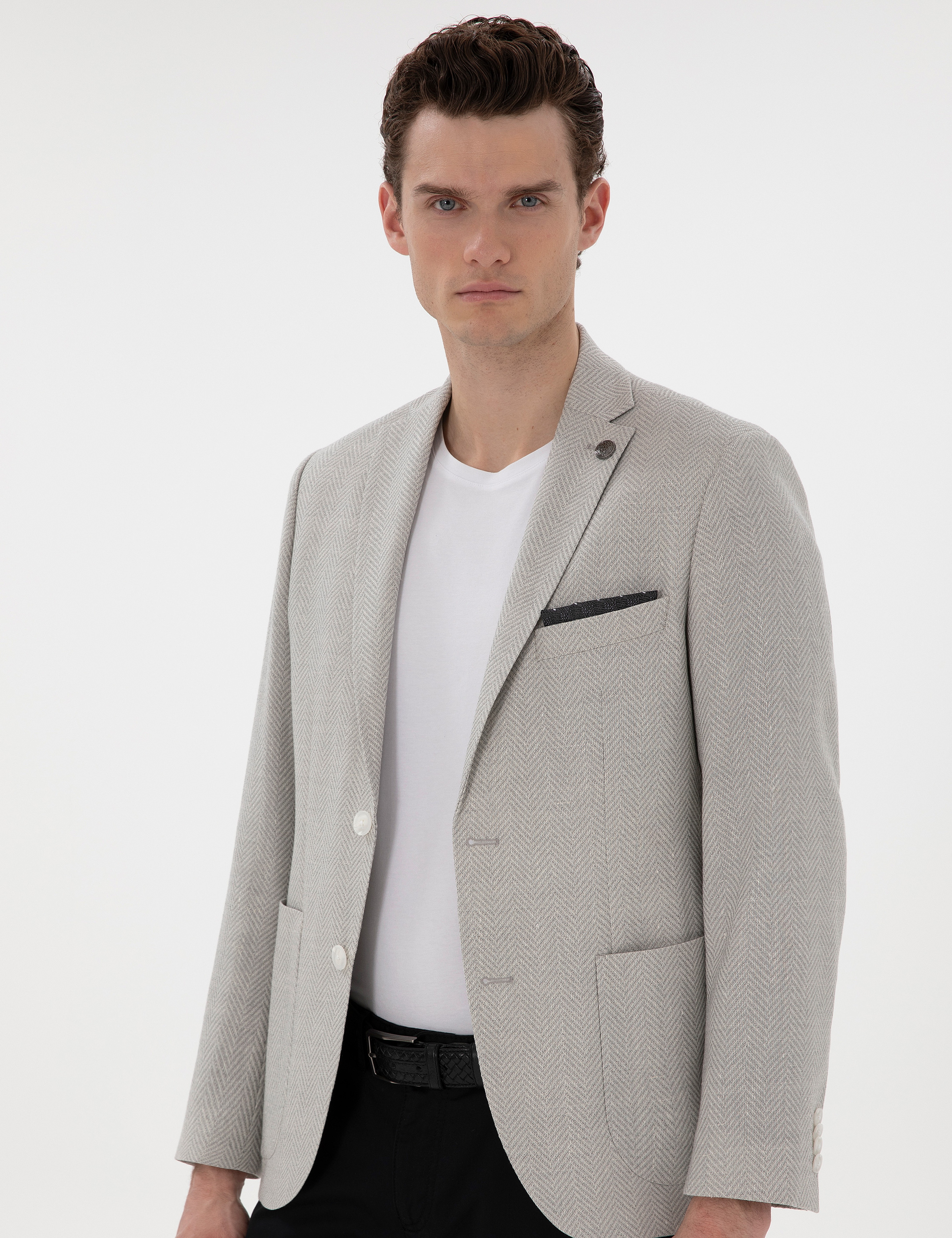 Açık Gri Slim Fit Yün Keten Karışımlı Ceket - Image 3