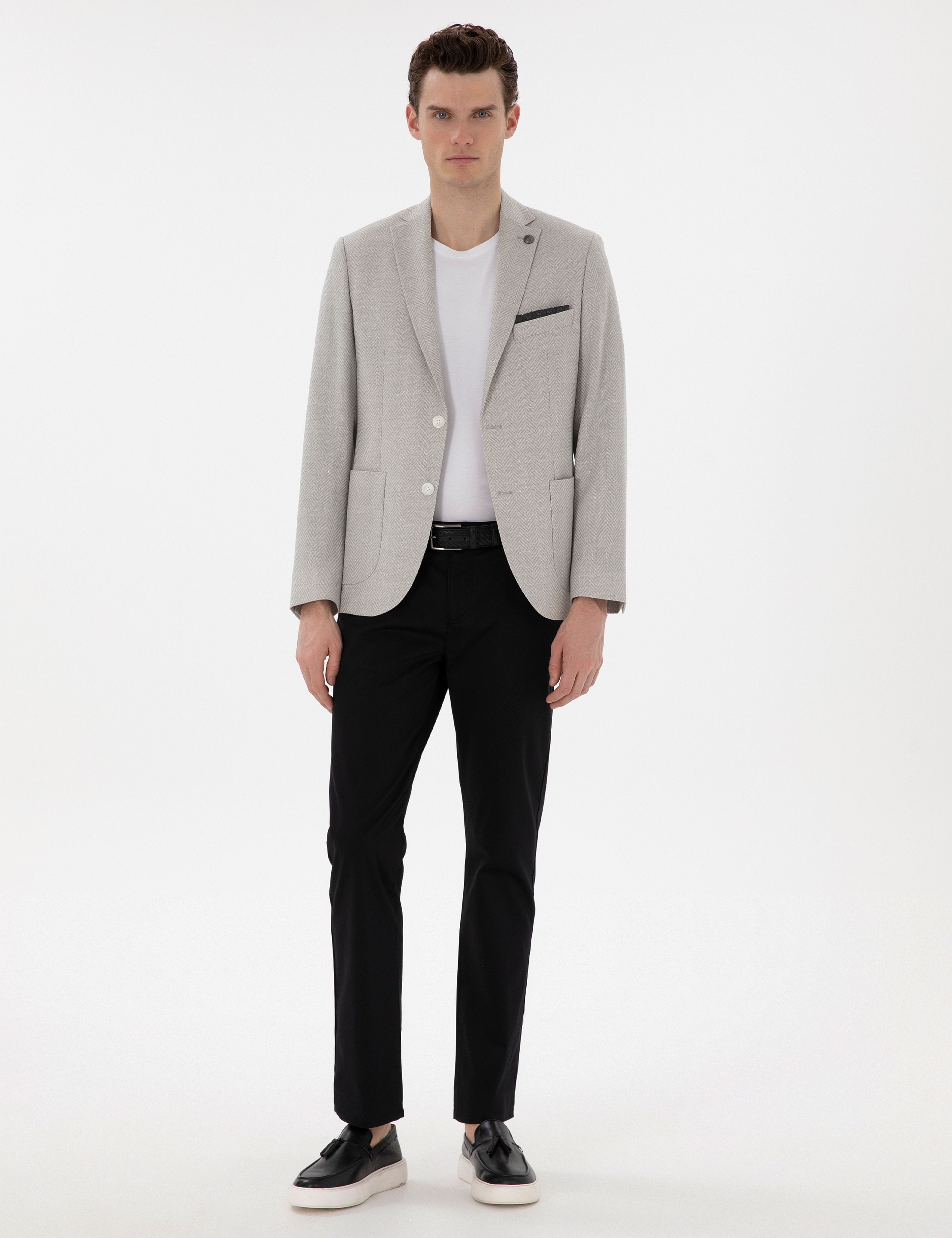 Açık Gri Slim Fit Yün Keten Karışımlı Ceket - Image 4