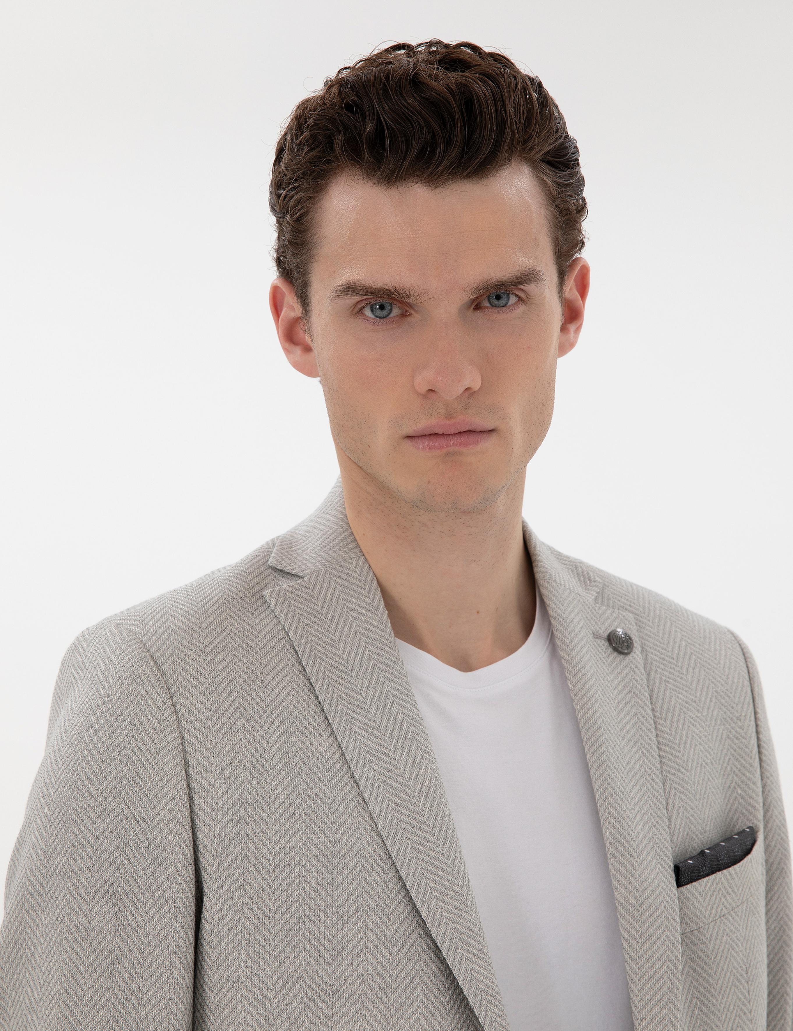 Açık Gri Slim Fit Yün Keten Karışımlı Ceket