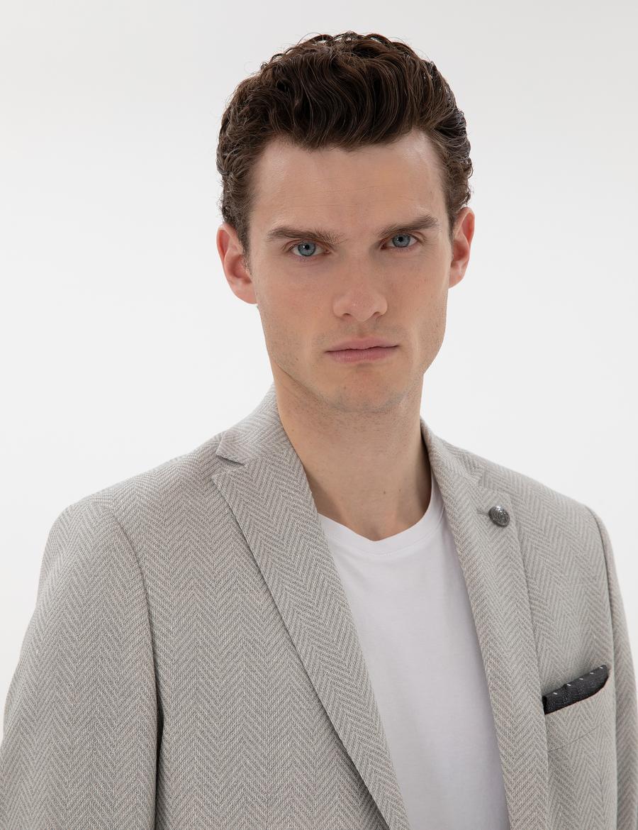 Açık Gri Slim Fit Yün Keten Karışımlı Ceket