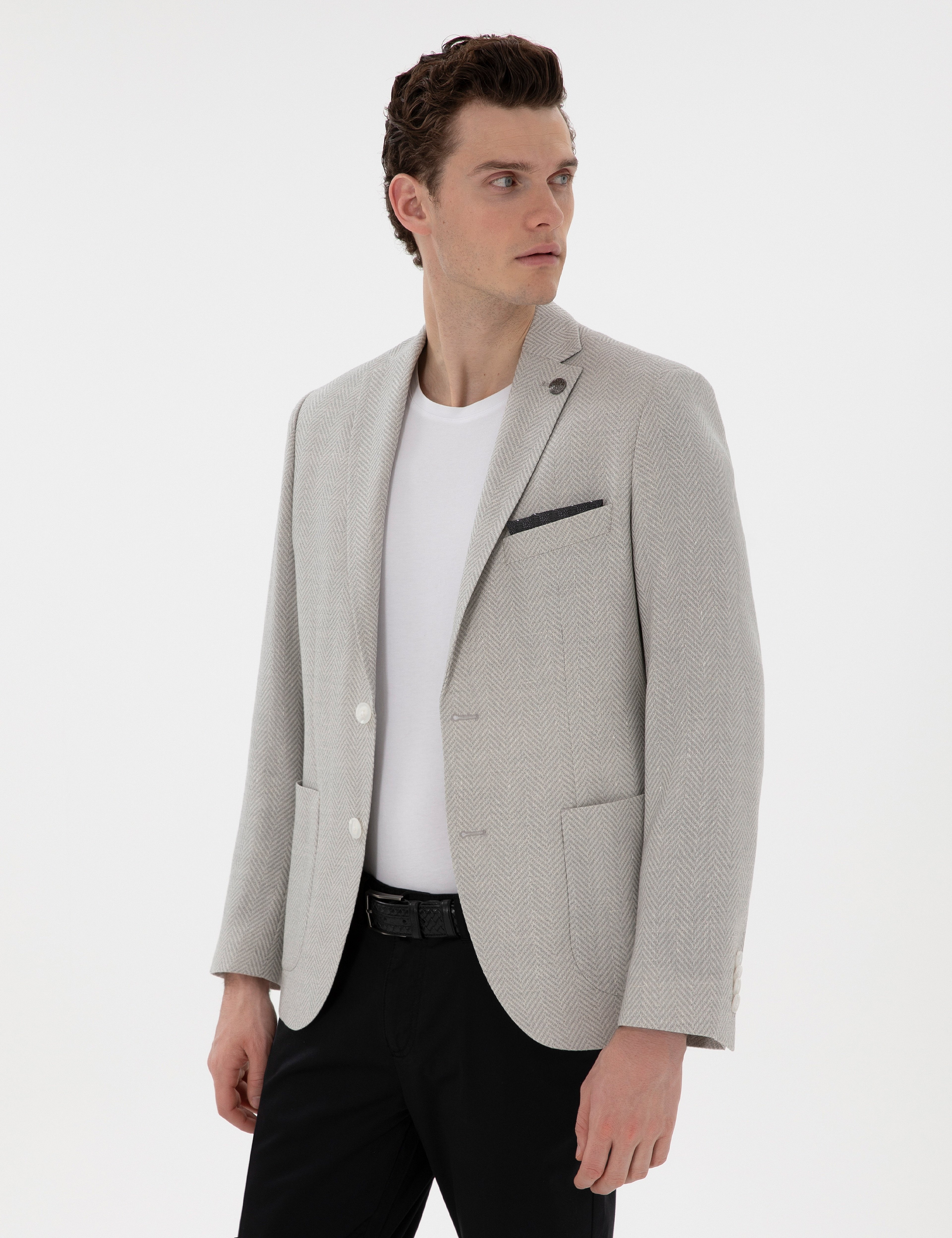 Açık Gri Slim Fit Yün Keten Karışımlı Ceket - Image 1
