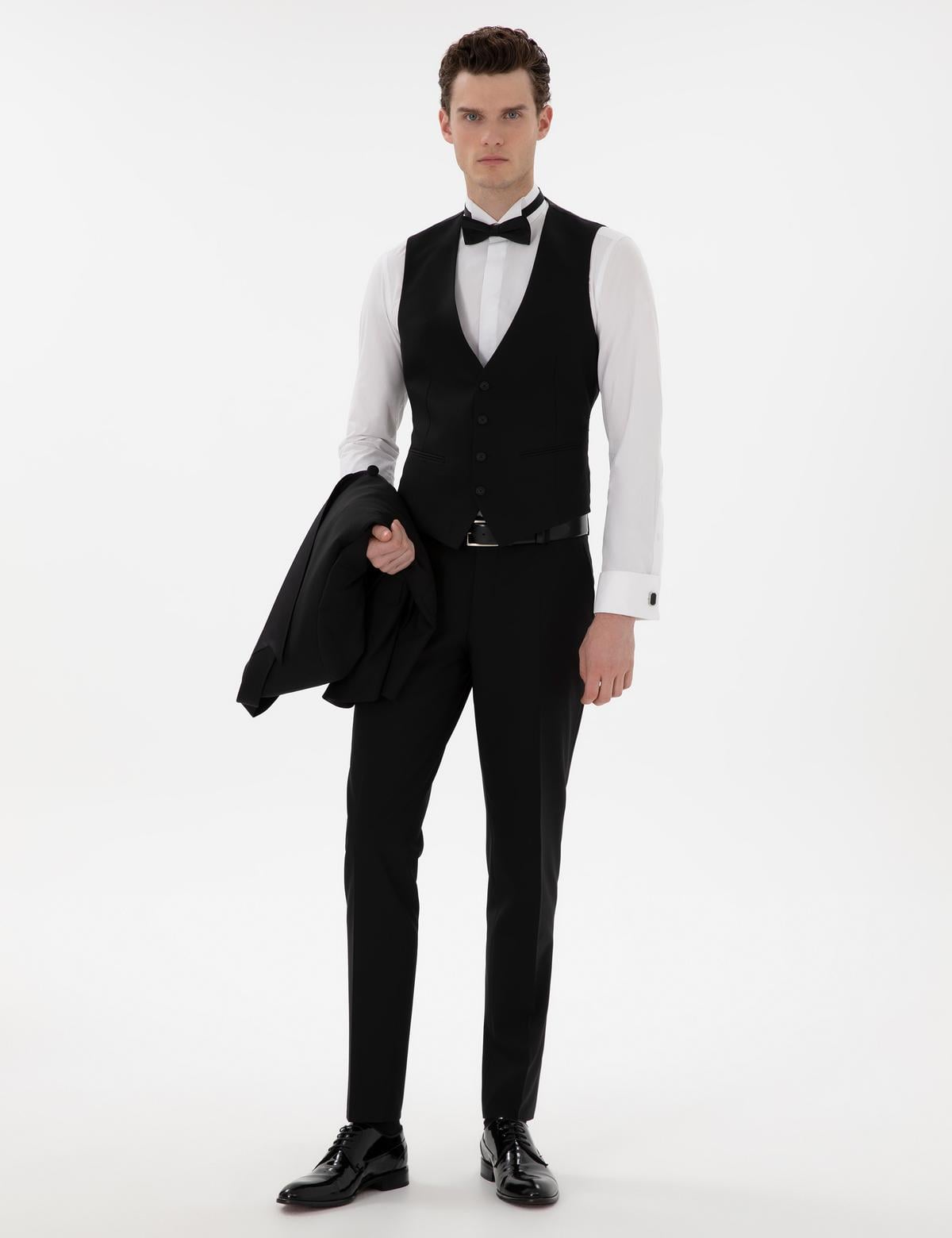 Siyah Ex. Slim Fit Yelekli Smokin - 50306206026