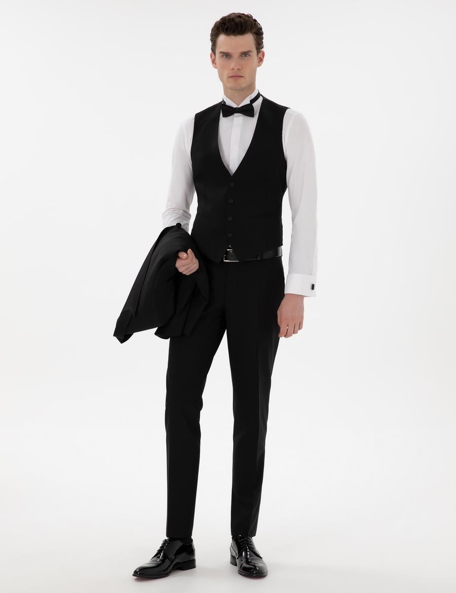 Siyah Ex. Slim Fit Yelekli Smokin