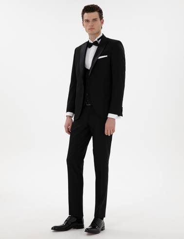 Siyah Ex. Slim Fit Yelekli Smokin