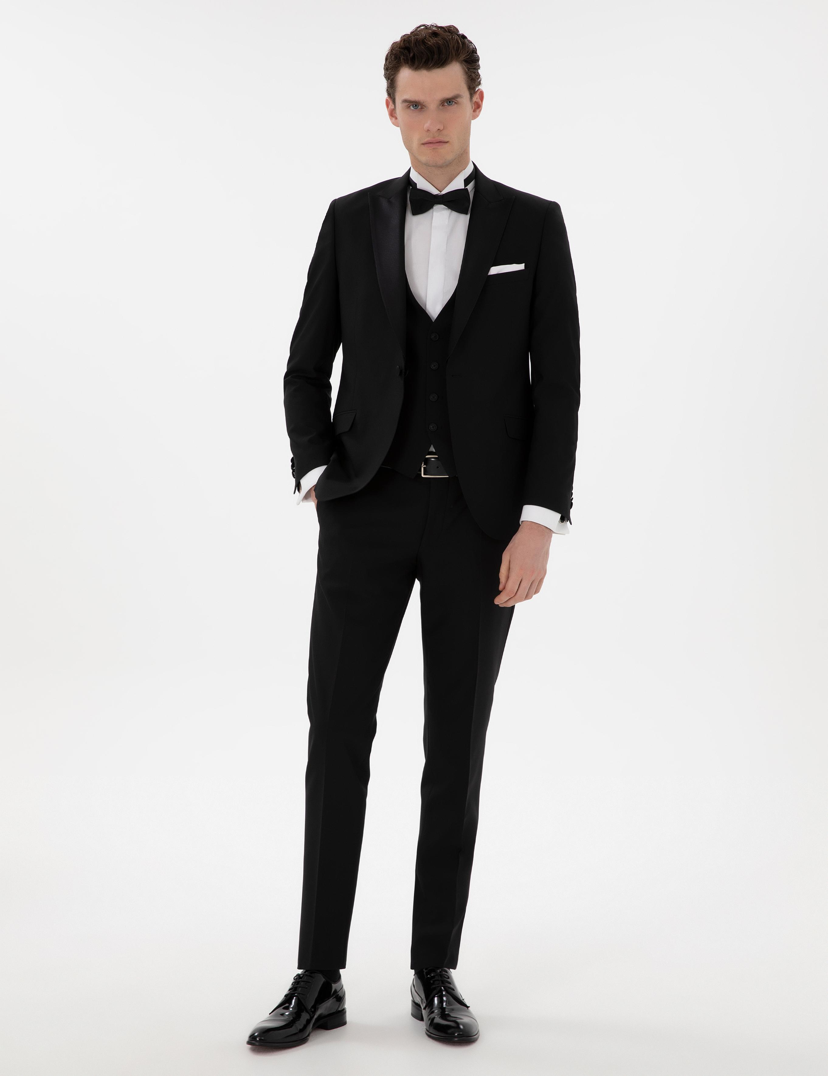 Siyah Ex. Slim Fit Yelekli Smokin