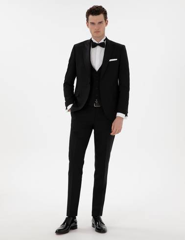 Siyah Ex. Slim Fit Yelekli Smokin
