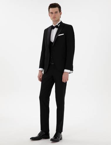 Siyah Ex. Slim Fit Yelekli Smokin