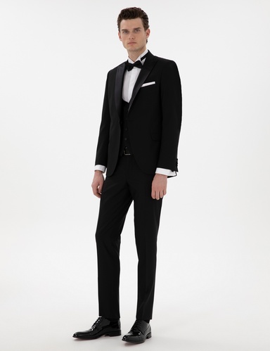Siyah Ex. Slim Fit Yelekli Smokin