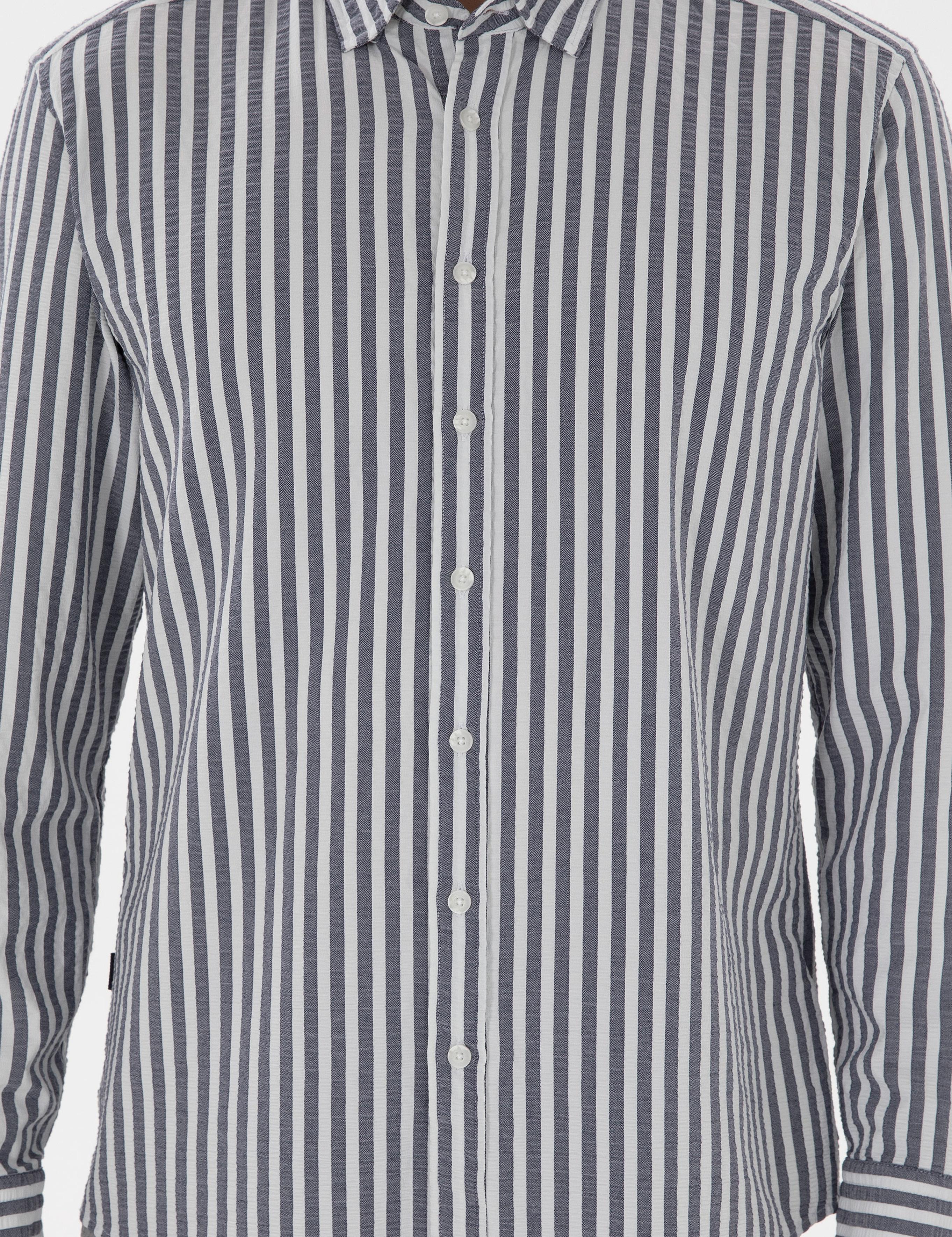 Lacivert Regular Fit Çizgili Uzun Kollu Gömlek