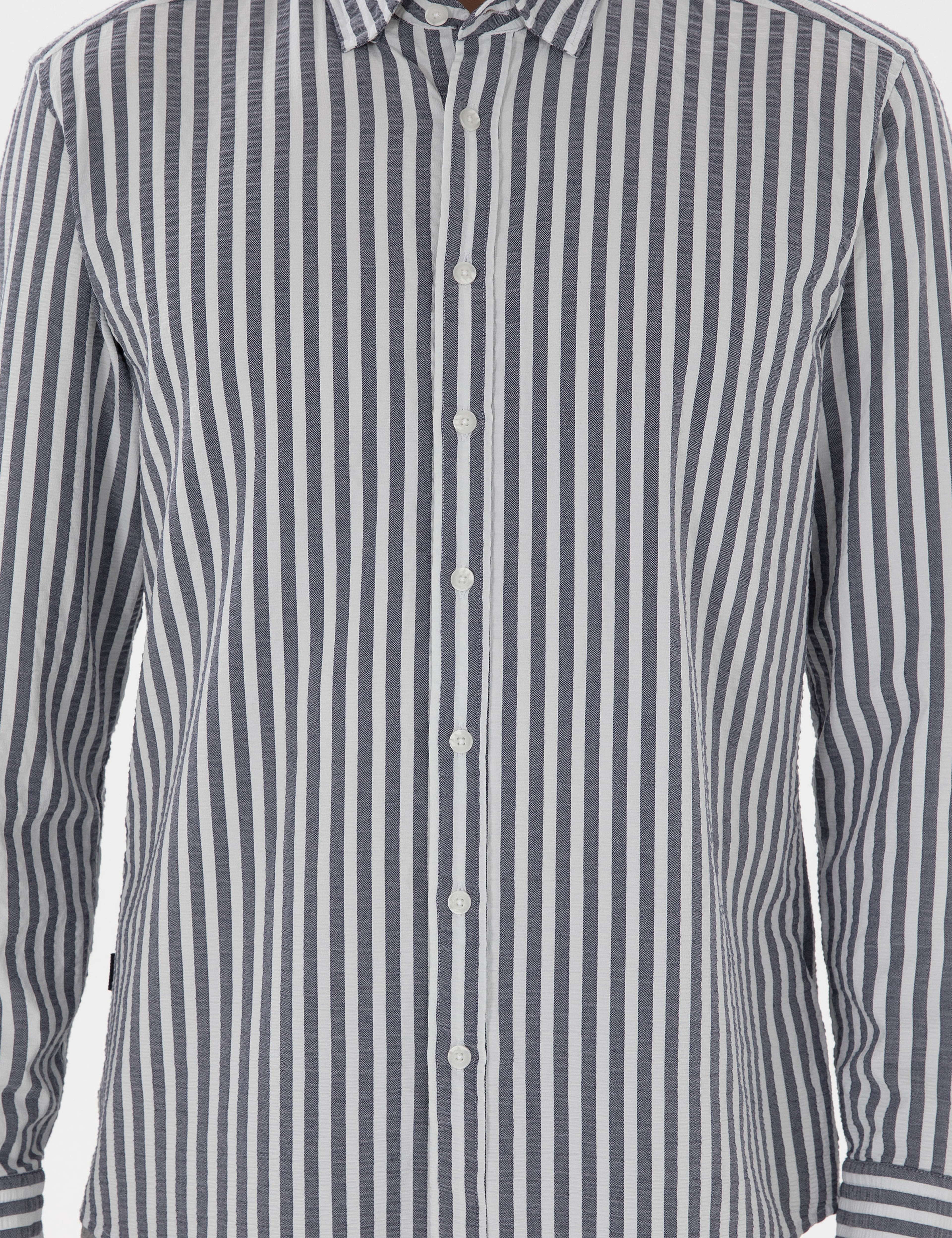 Lacivert Regular Fit Çizgili Uzun Kollu Gömlek - Image 6