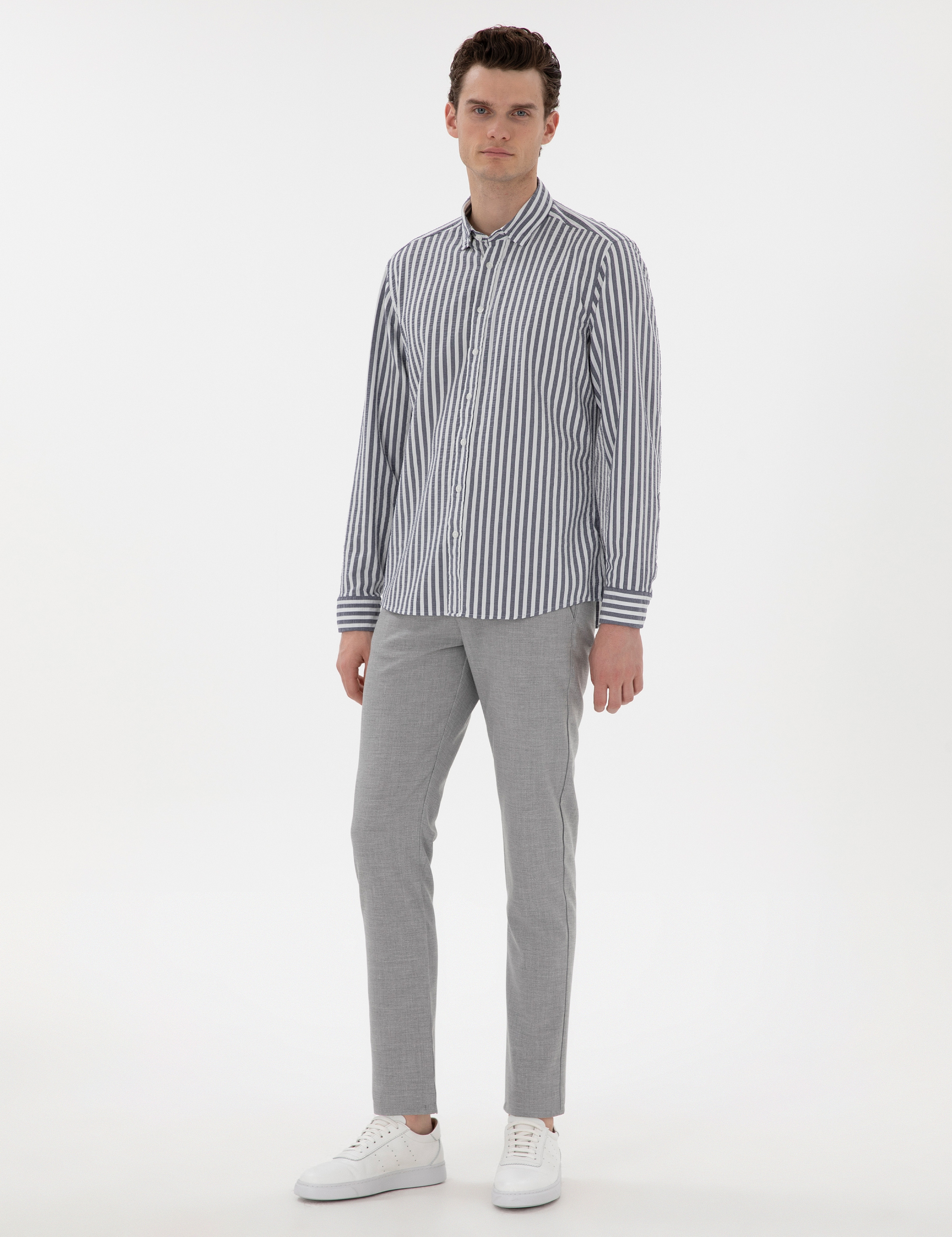 Lacivert Regular Fit Çizgili Uzun Kollu Gömlek - Image 4