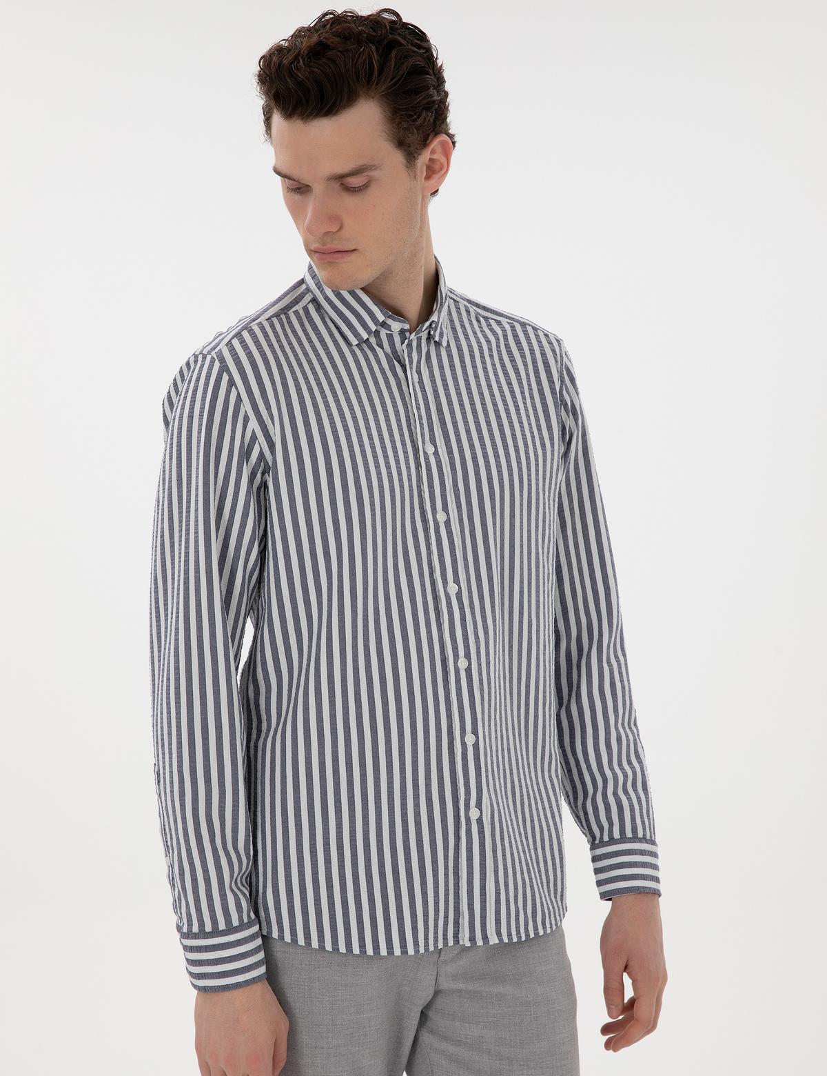 Lacivert Regular Fit Çizgili Uzun Kollu Gömlek - 50301533058