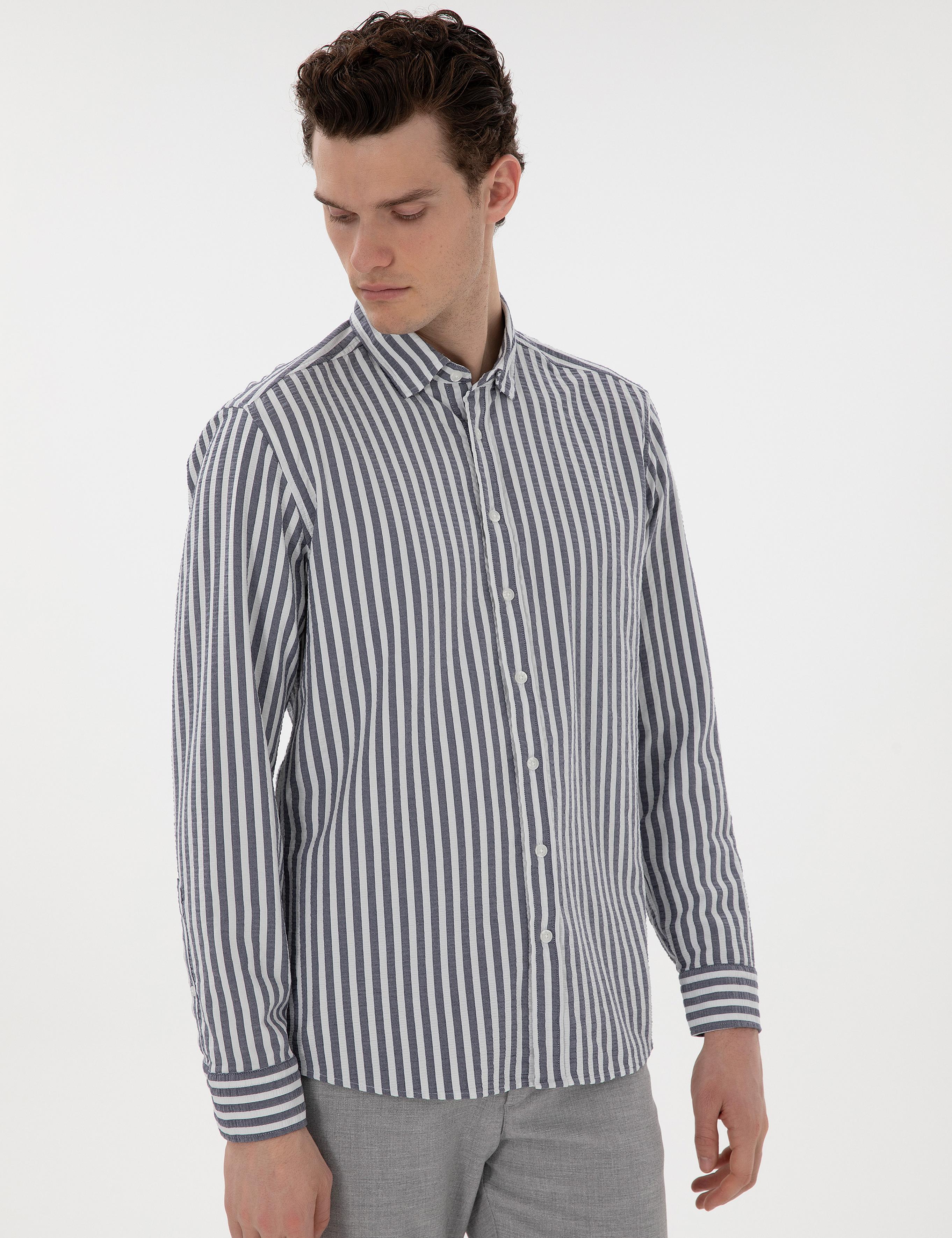 Lacivert Regular Fit Çizgili Uzun Kollu Gömlek
