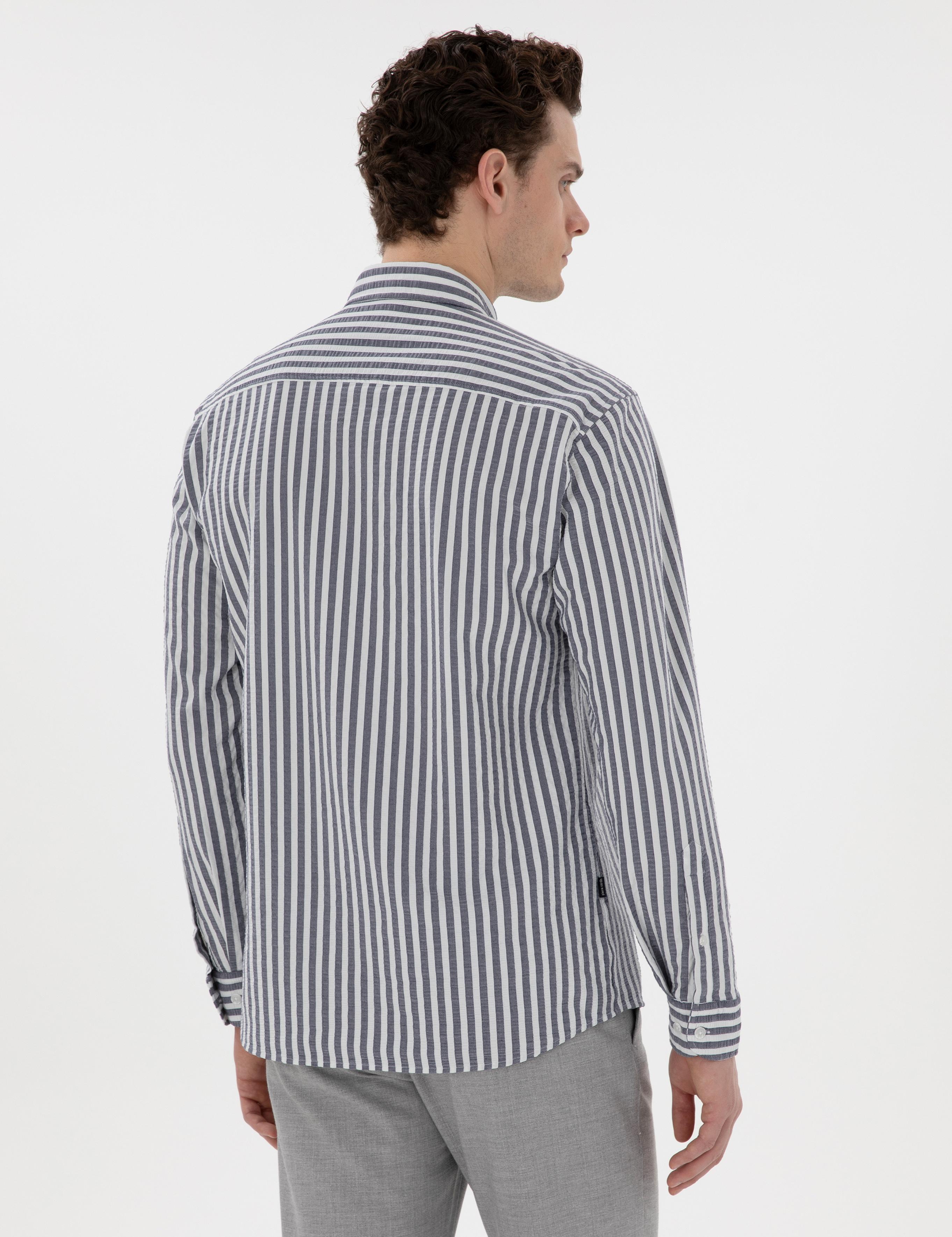 Lacivert Regular Fit Çizgili Uzun Kollu Gömlek