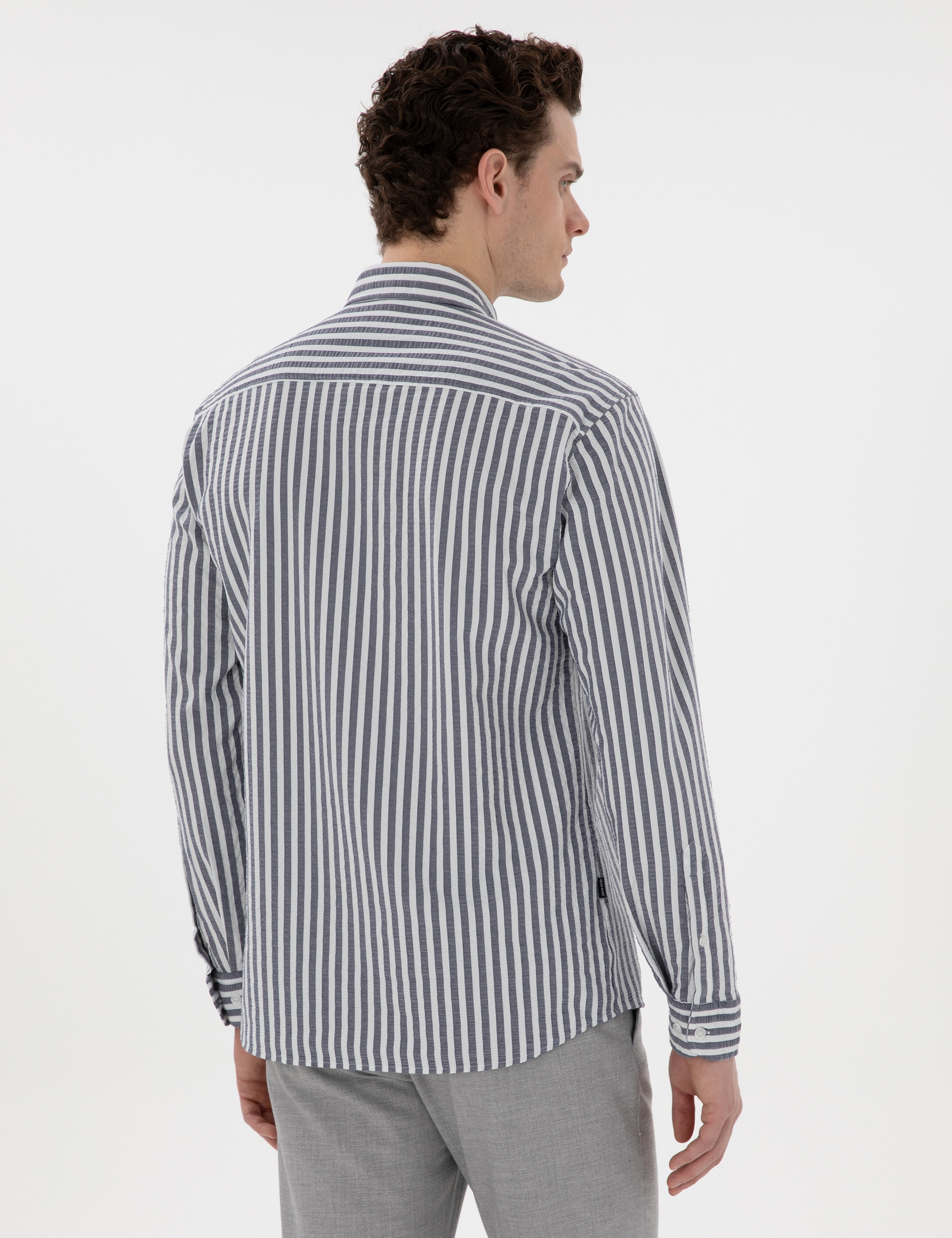 Lacivert Regular Fit Çizgili Uzun Kollu Gömlek - Image 5