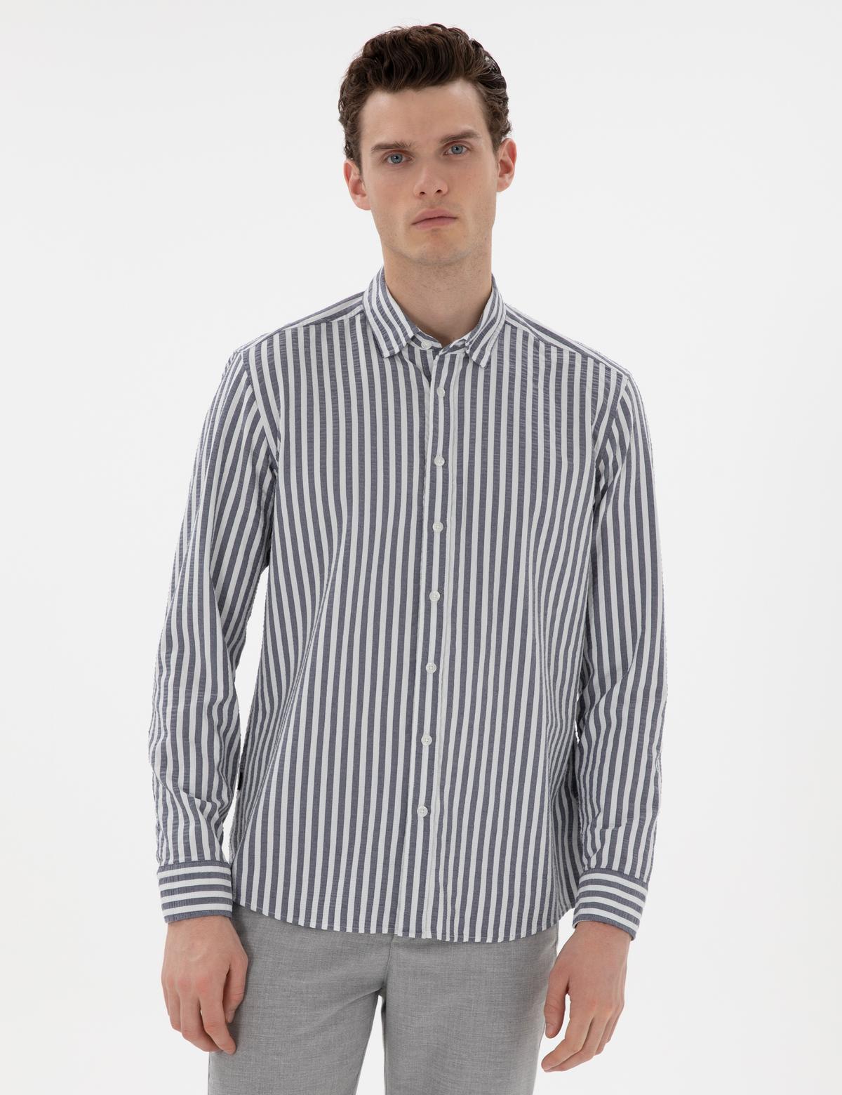 Lacivert Regular Fit Çizgili Uzun Kollu Gömlek