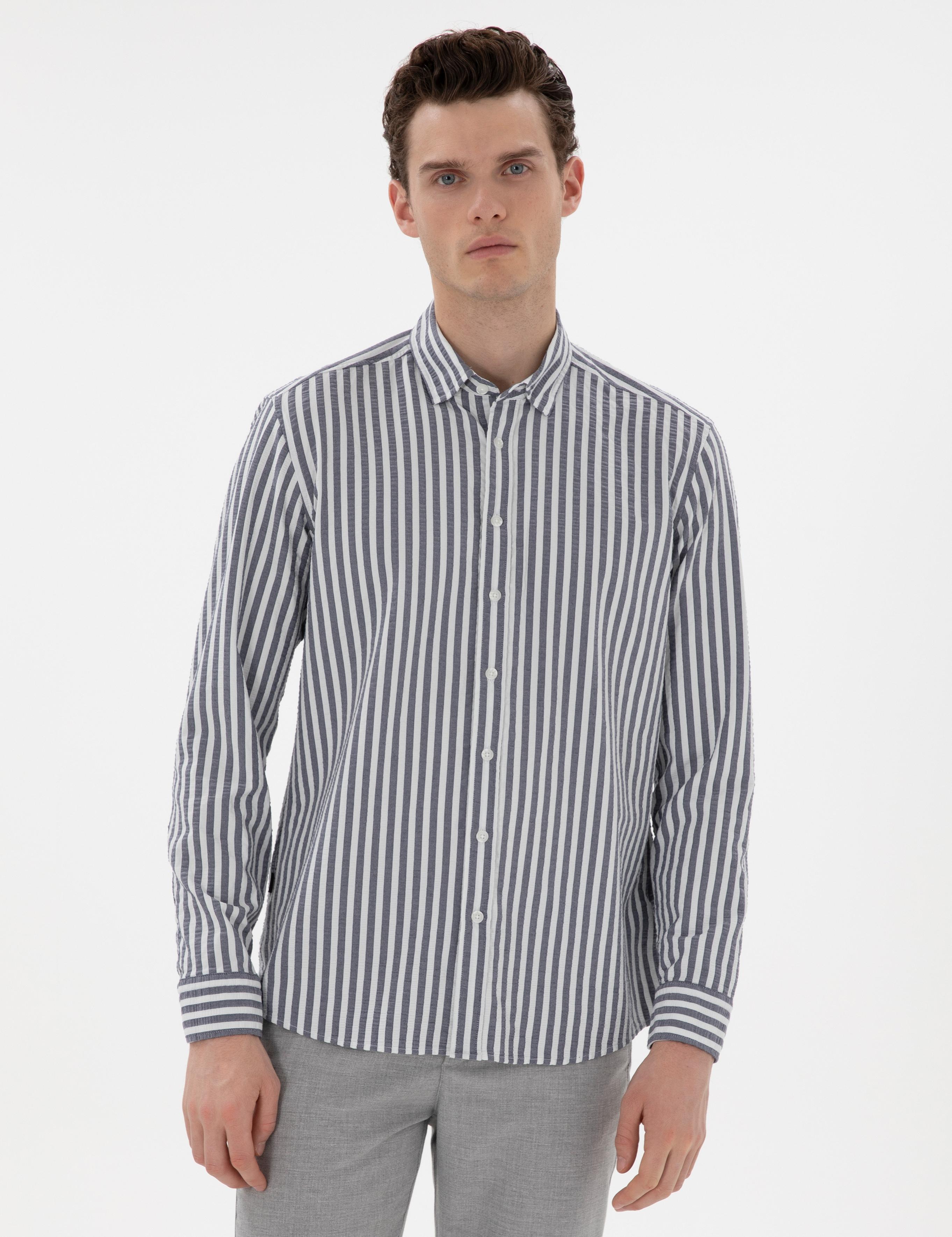 Lacivert Regular Fit Çizgili Uzun Kollu Gömlek