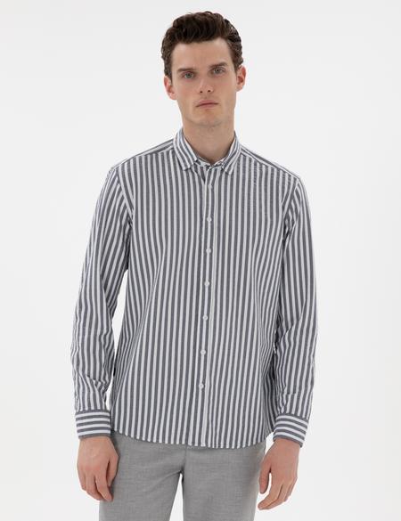 Lacivert Regular Fit Çizgili Uzun Kollu Gömlek - 50301533058