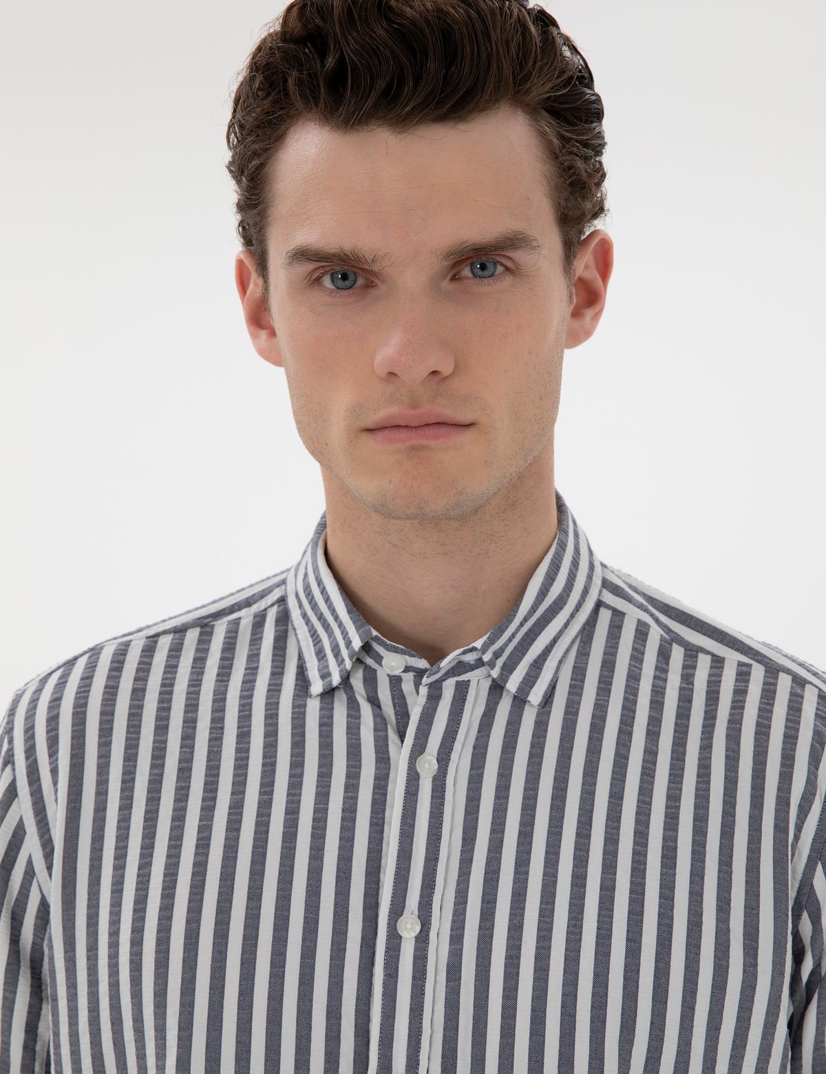 Lacivert Regular Fit Çizgili Uzun Kollu Gömlek - 50301533058