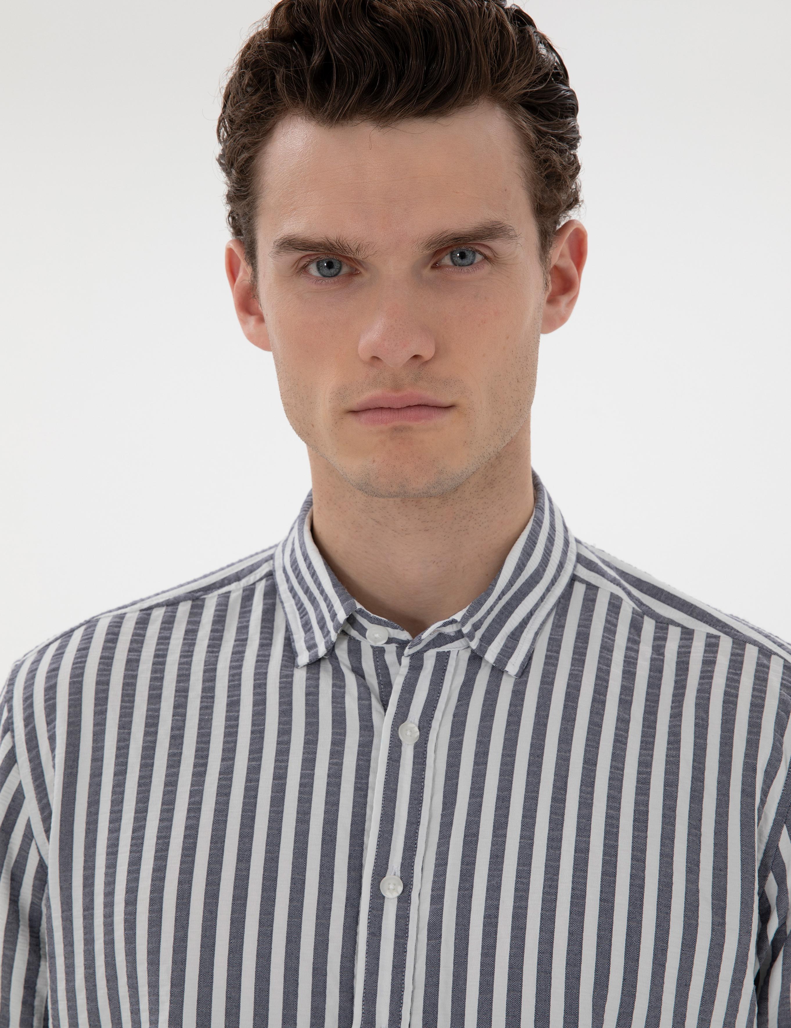 Lacivert Regular Fit Çizgili Uzun Kollu Gömlek