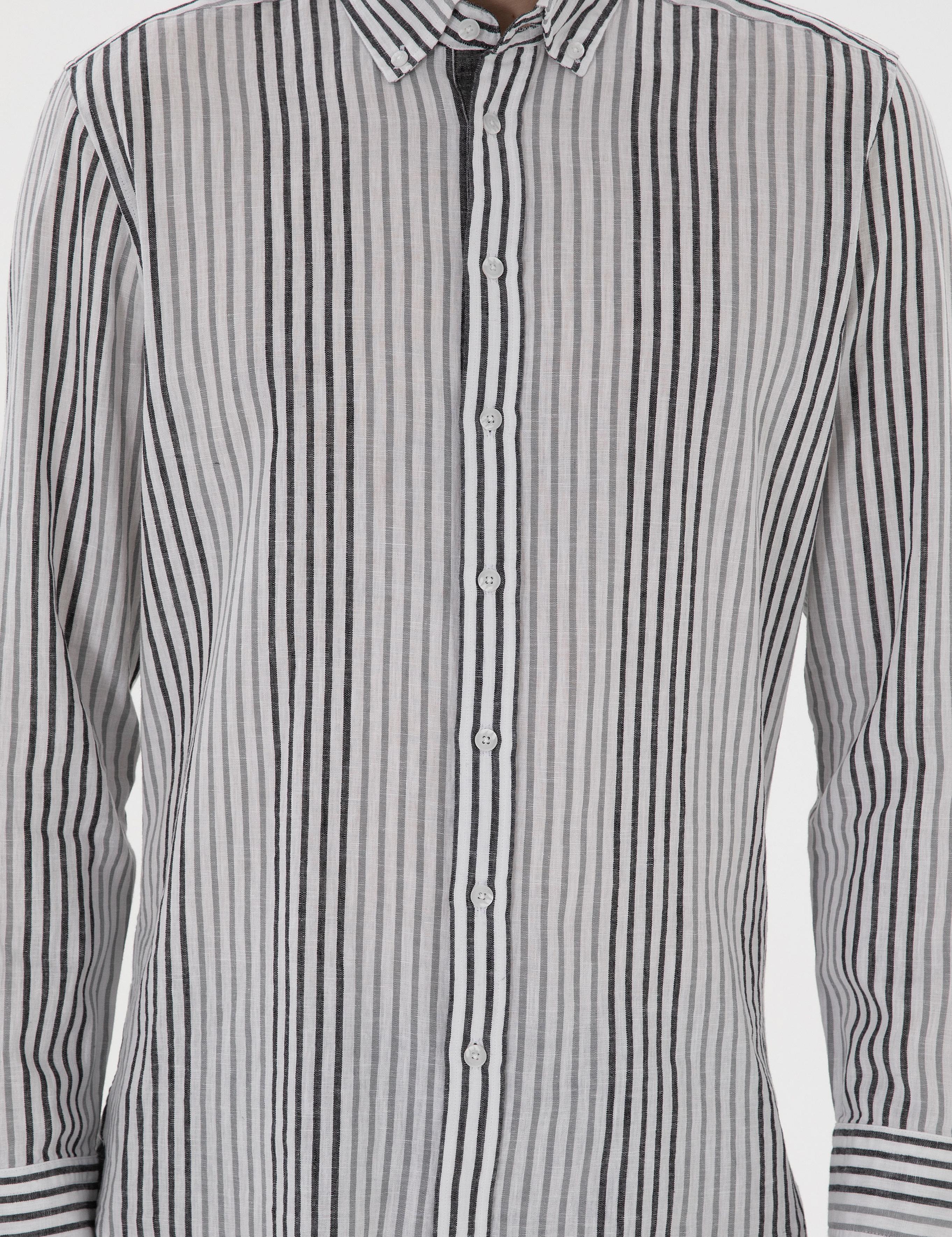 Siyah Regular Fit Çizgili Uzun Kollu Gömlek