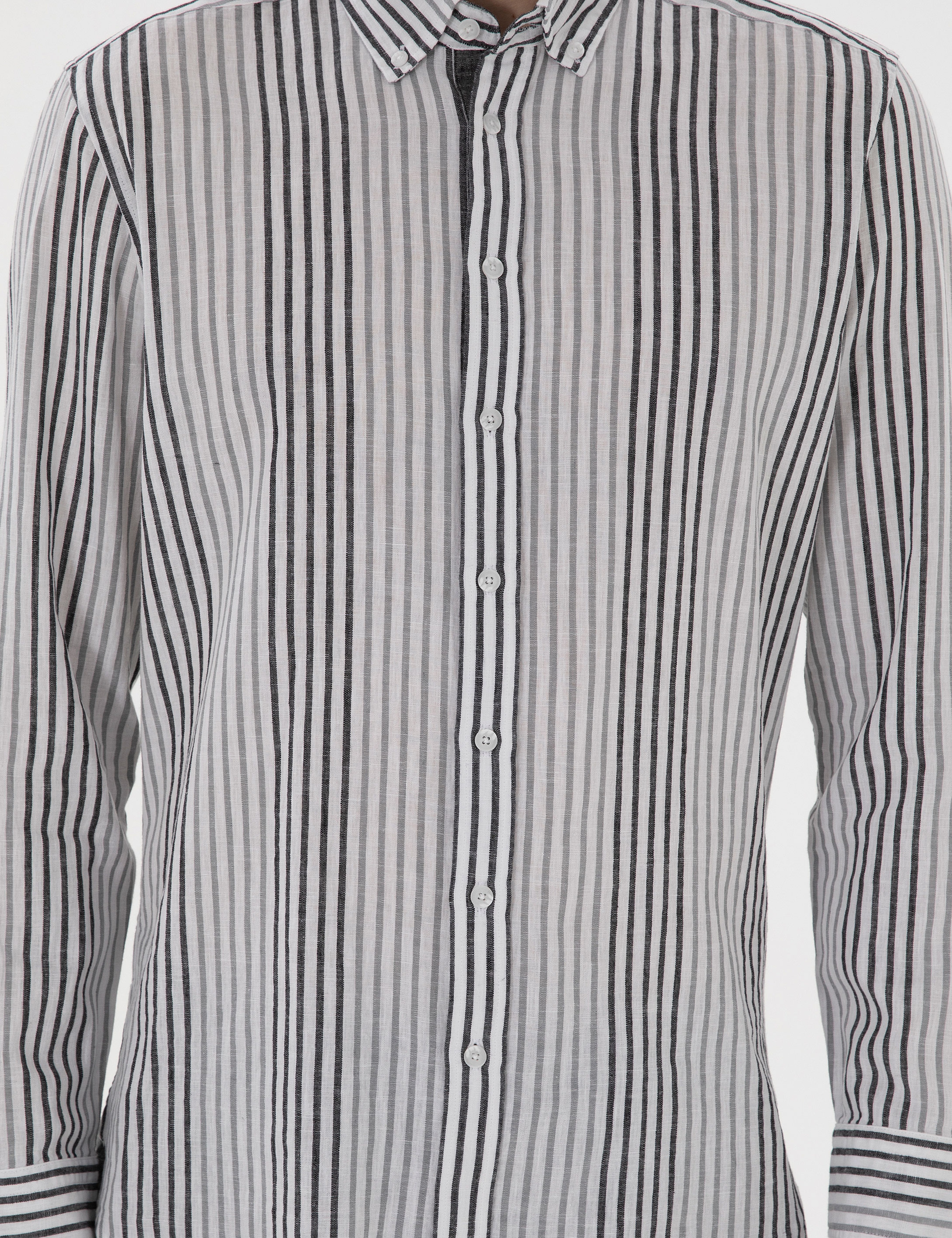 Siyah Regular Fit Çizgili Uzun Kollu Gömlek - Image 6