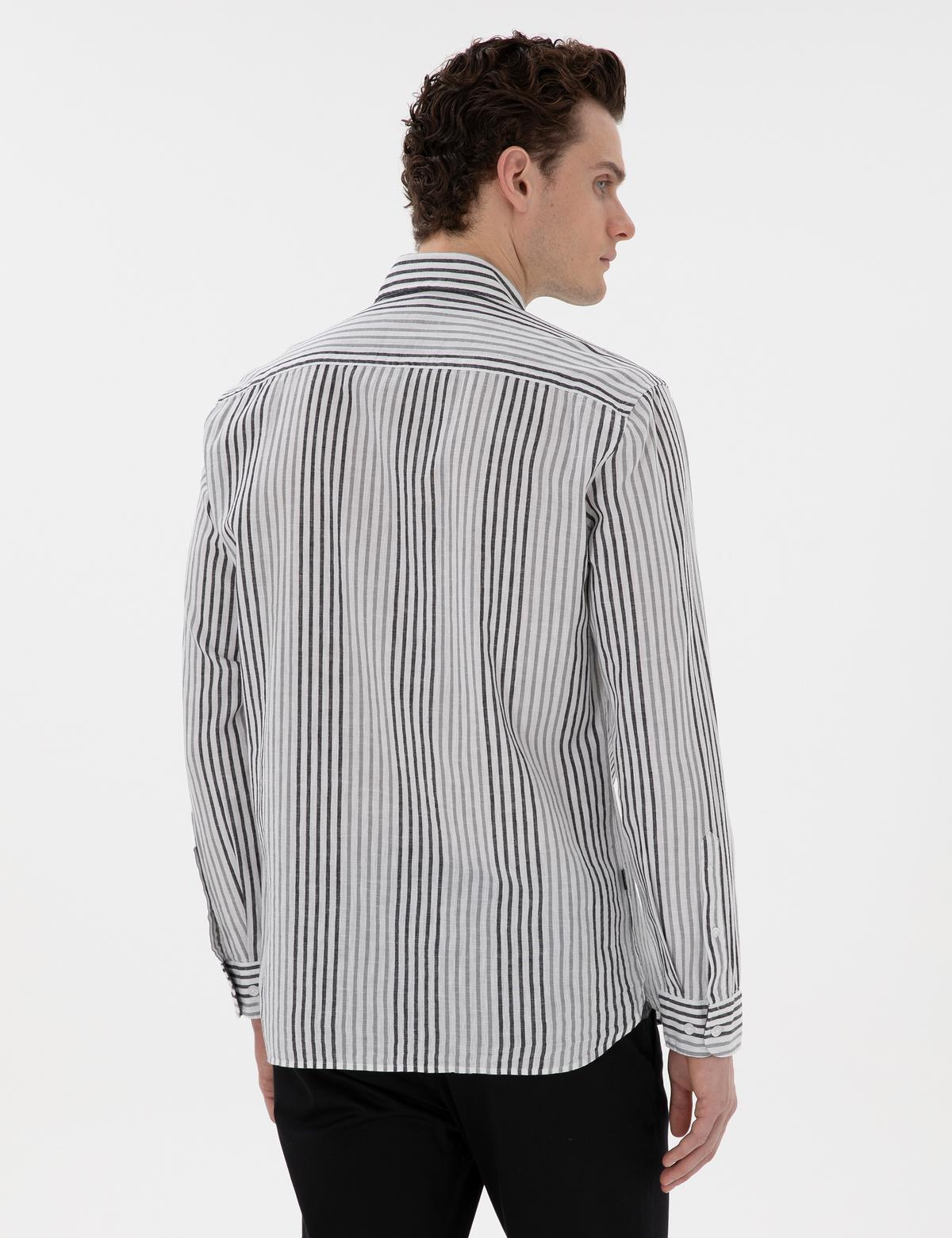 Siyah Regular Fit Çizgili Uzun Kollu Gömlek - 50304597014