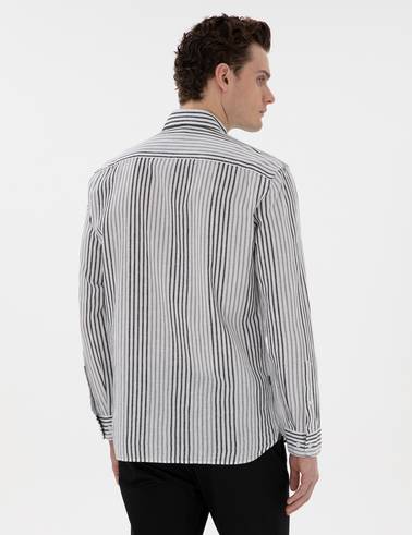 Siyah Regular Fit Çizgili Uzun Kollu Gömlek