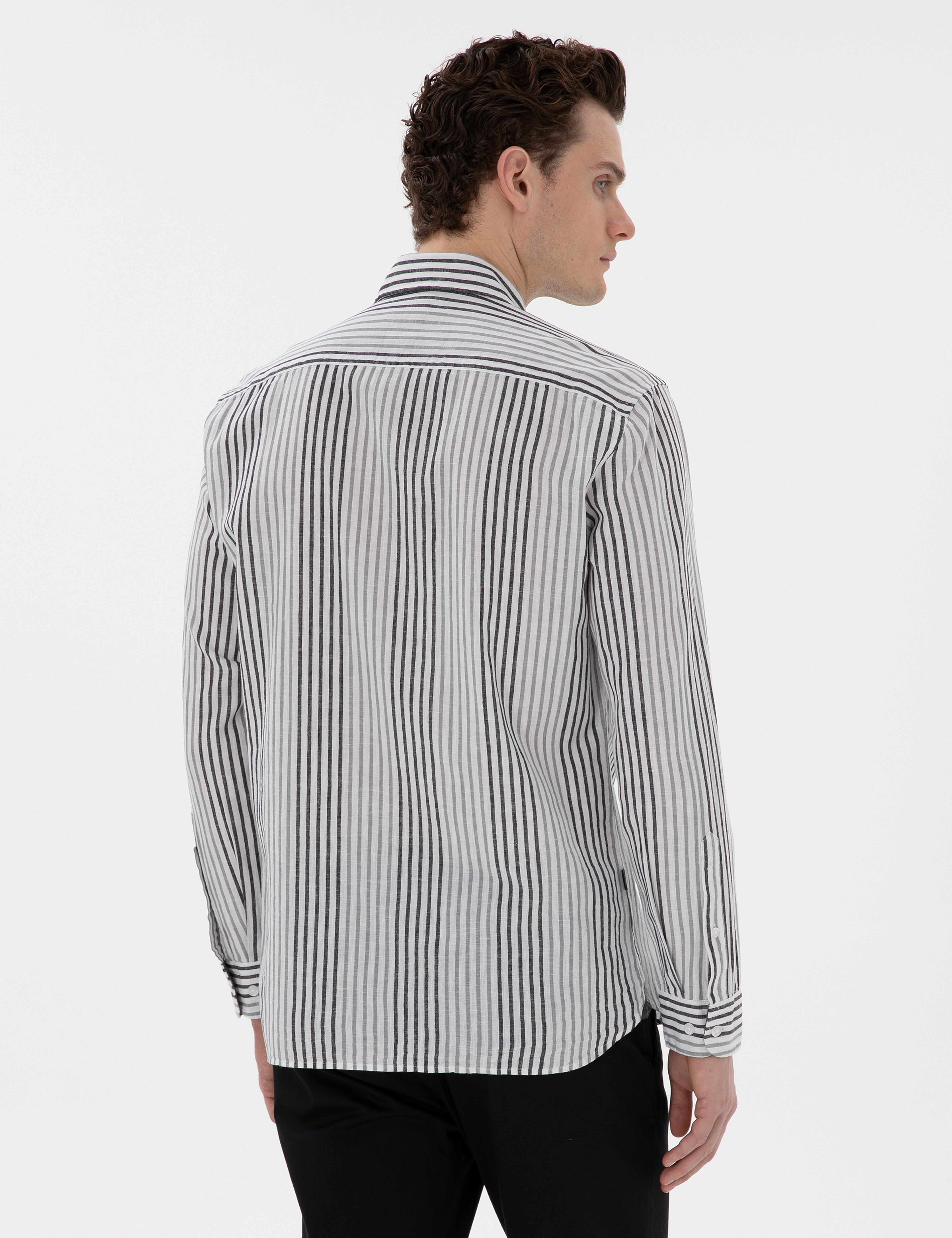 Siyah Regular Fit Çizgili Uzun Kollu Gömlek - Image 5