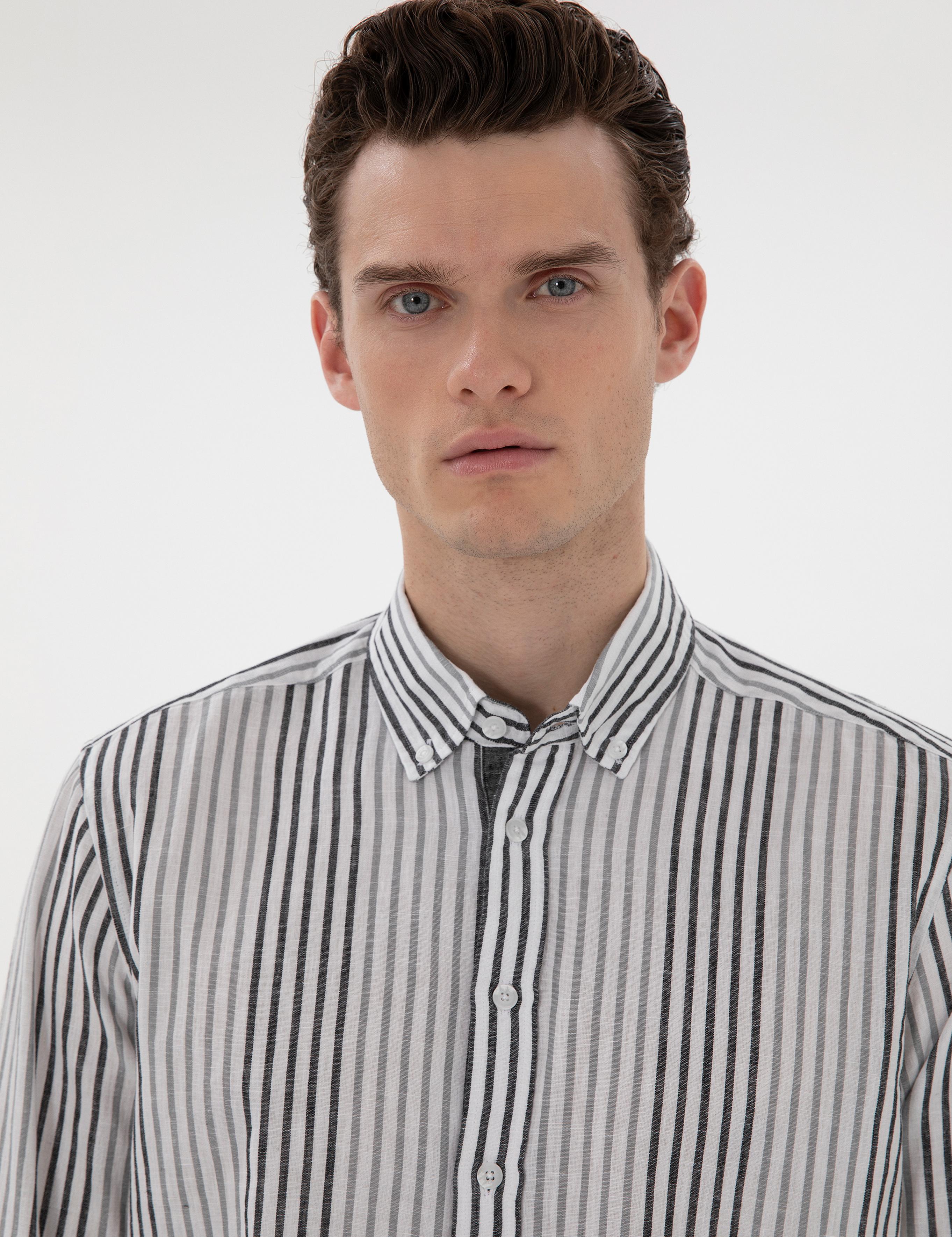 Siyah Regular Fit Çizgili Uzun Kollu Gömlek