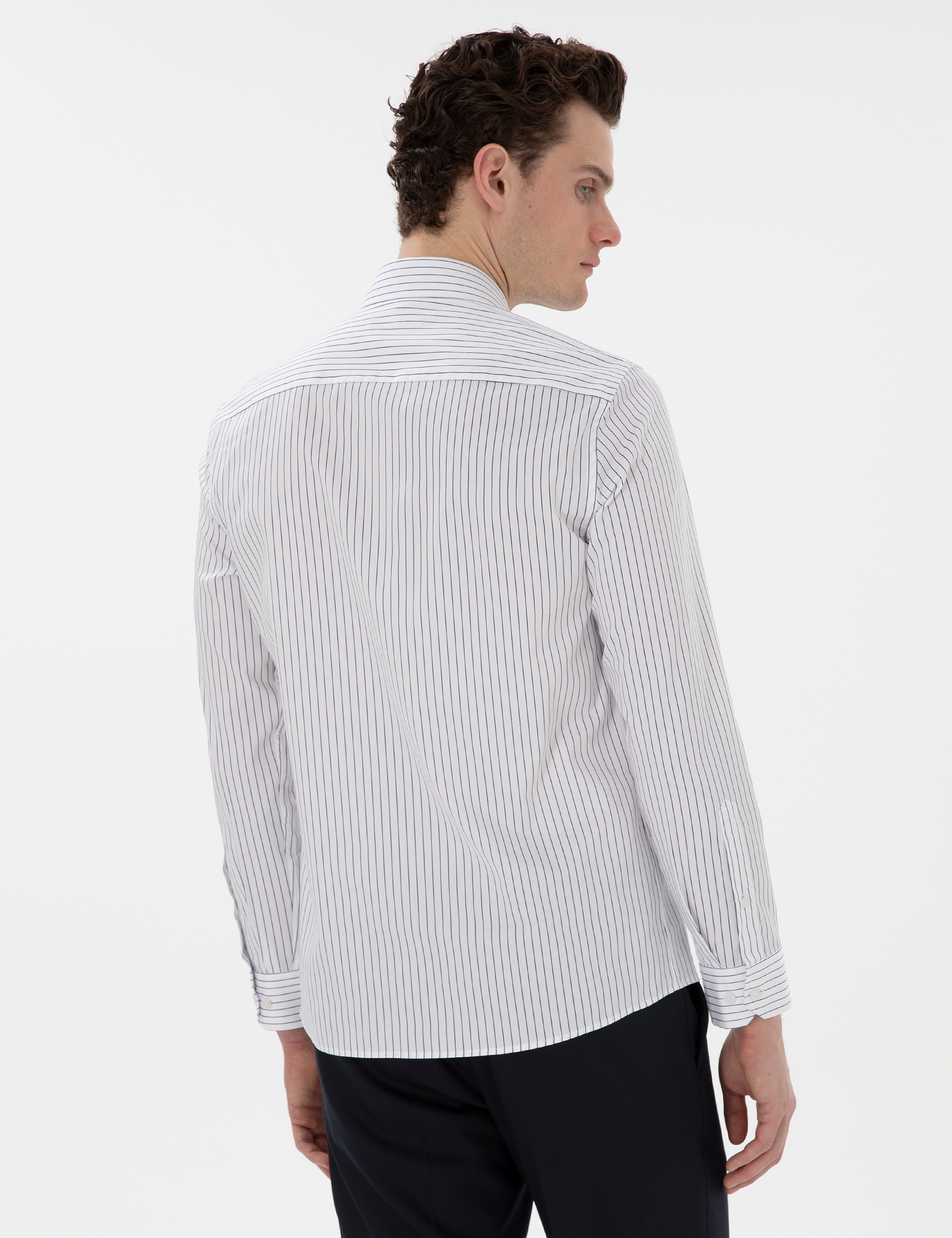Lacivert Slim Fit Çizgili Uzun Kollu Gömlek - Image 5