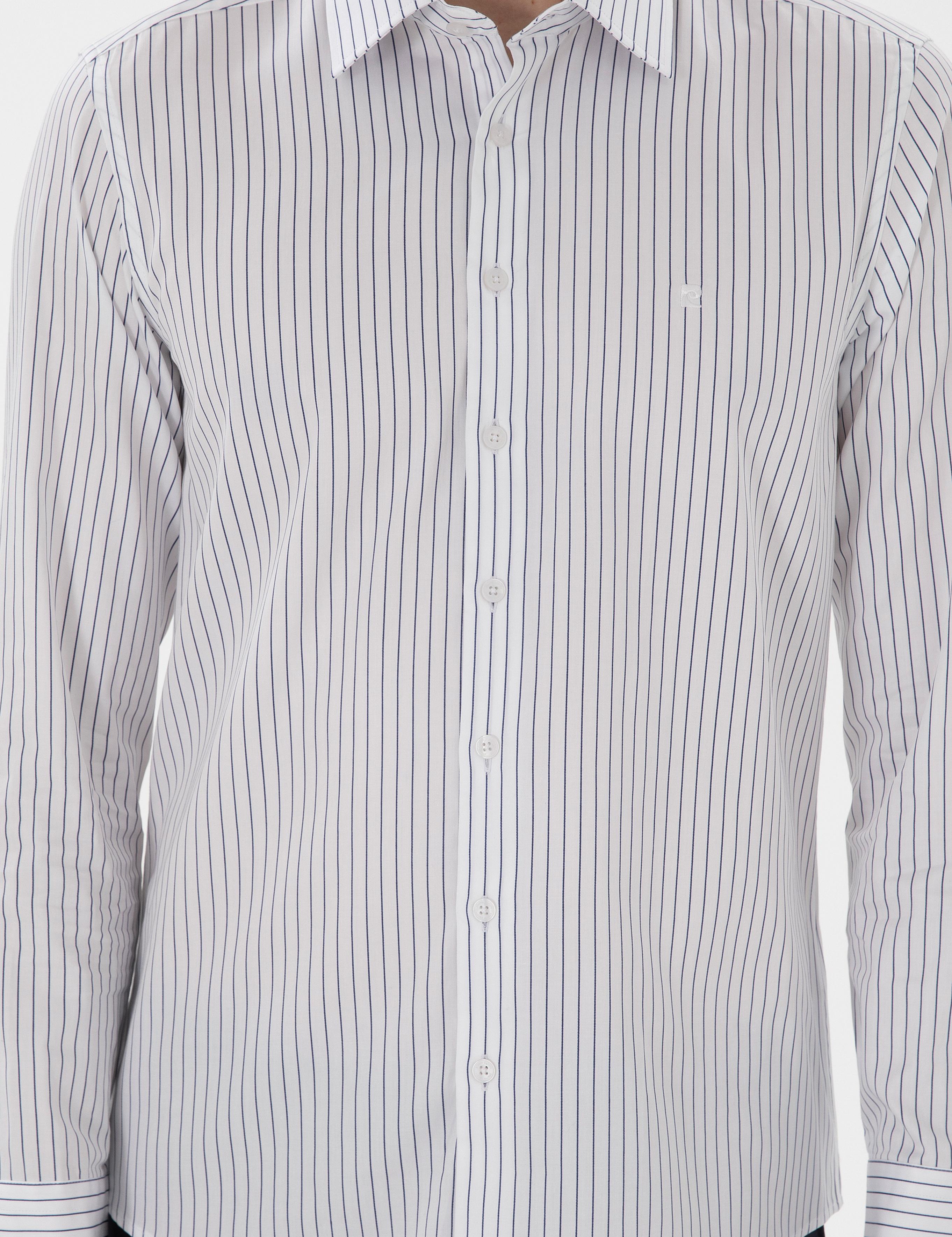 Lacivert Slim Fit Çizgili Uzun Kollu Gömlek