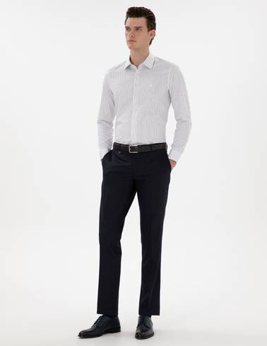 Lacivert Slim Fit Çizgili Uzun Kollu Gömlek