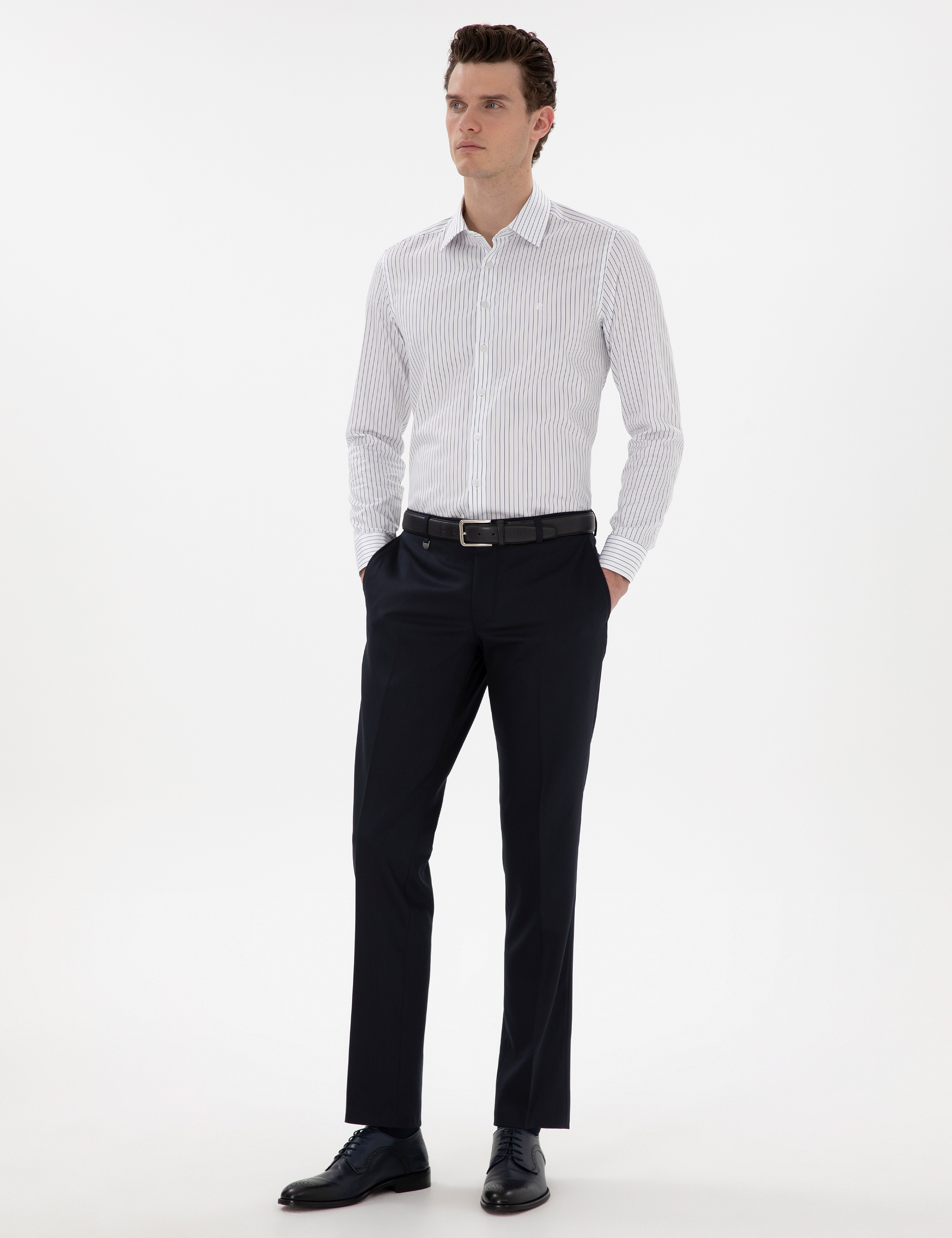 Lacivert Slim Fit Çizgili Uzun Kollu Gömlek - Image 4
