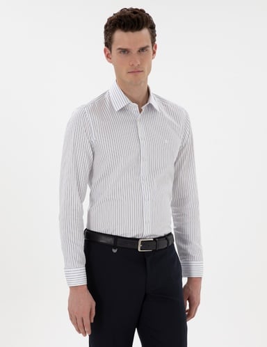 Lacivert Slim Fit Çizgili Uzun Kollu Gömlek