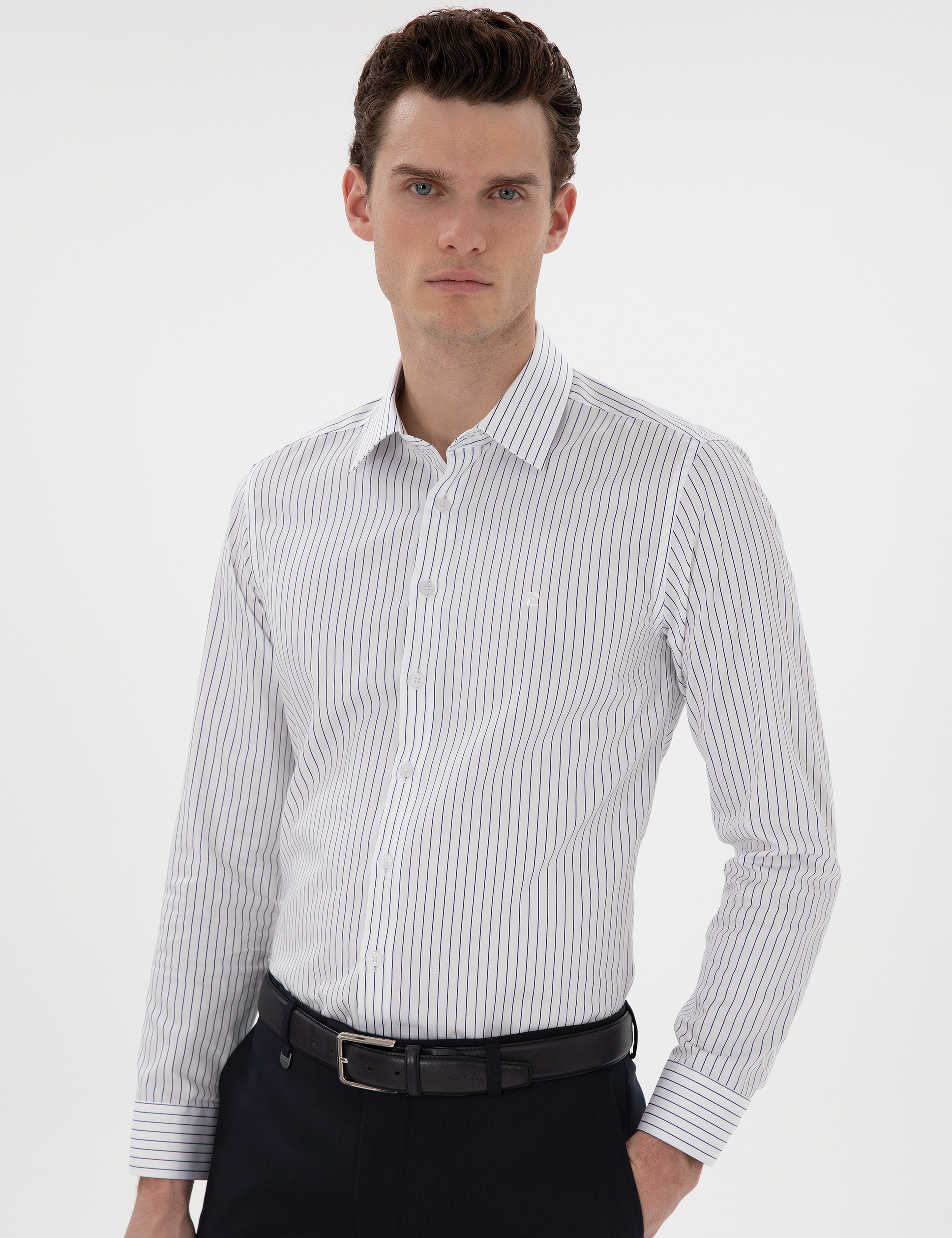 Lacivert Slim Fit Çizgili Uzun Kollu Gömlek - Image 3