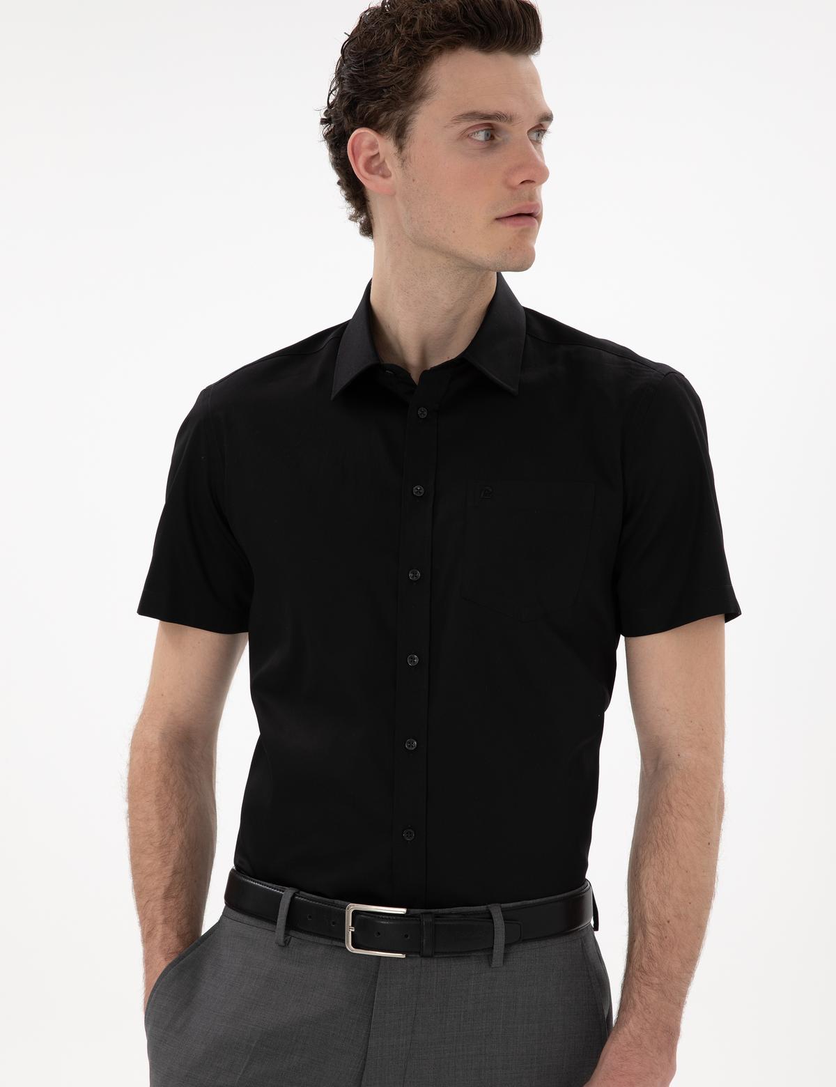 Siyah Parlak Saten Regular Fit Kısa Kollu Basic Gömlek - 50286403024