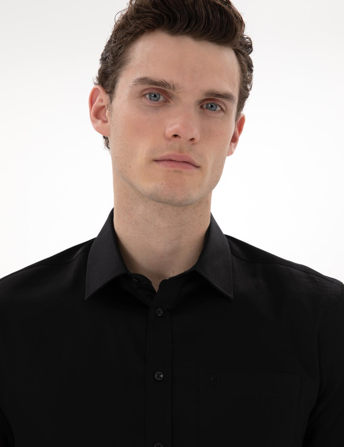 Siyah Parlak Saten Regular Fit Kısa Kollu Basic Gömlek - 50286403024