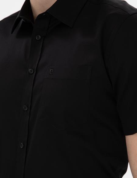 Siyah Parlak Saten Regular Fit Kısa Kollu Basic Gömlek - 50286403024